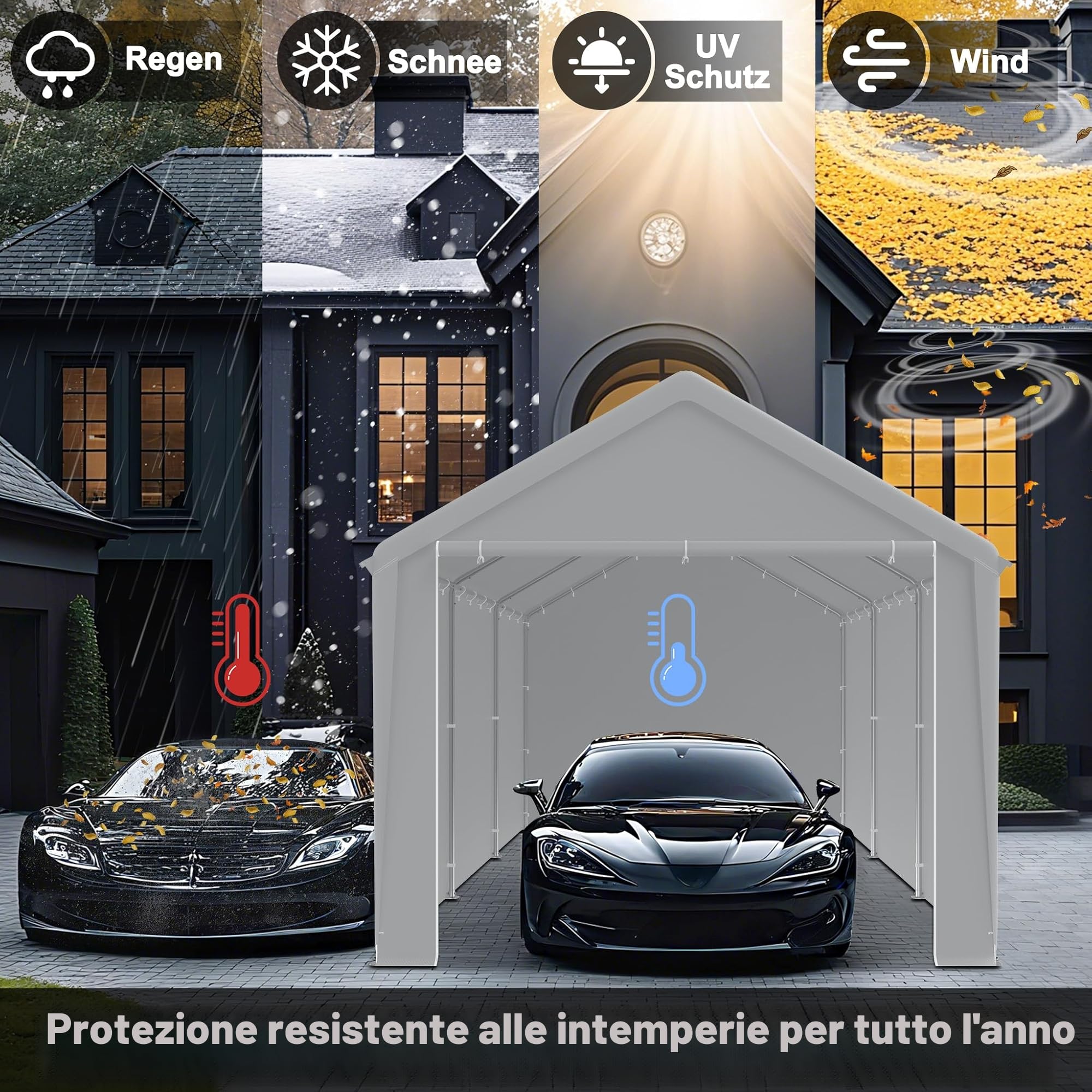 FIVMEN Carport tenda da campeggio 3 x 6 m con pareti laterali rimovibili resistente all'inverno grigio