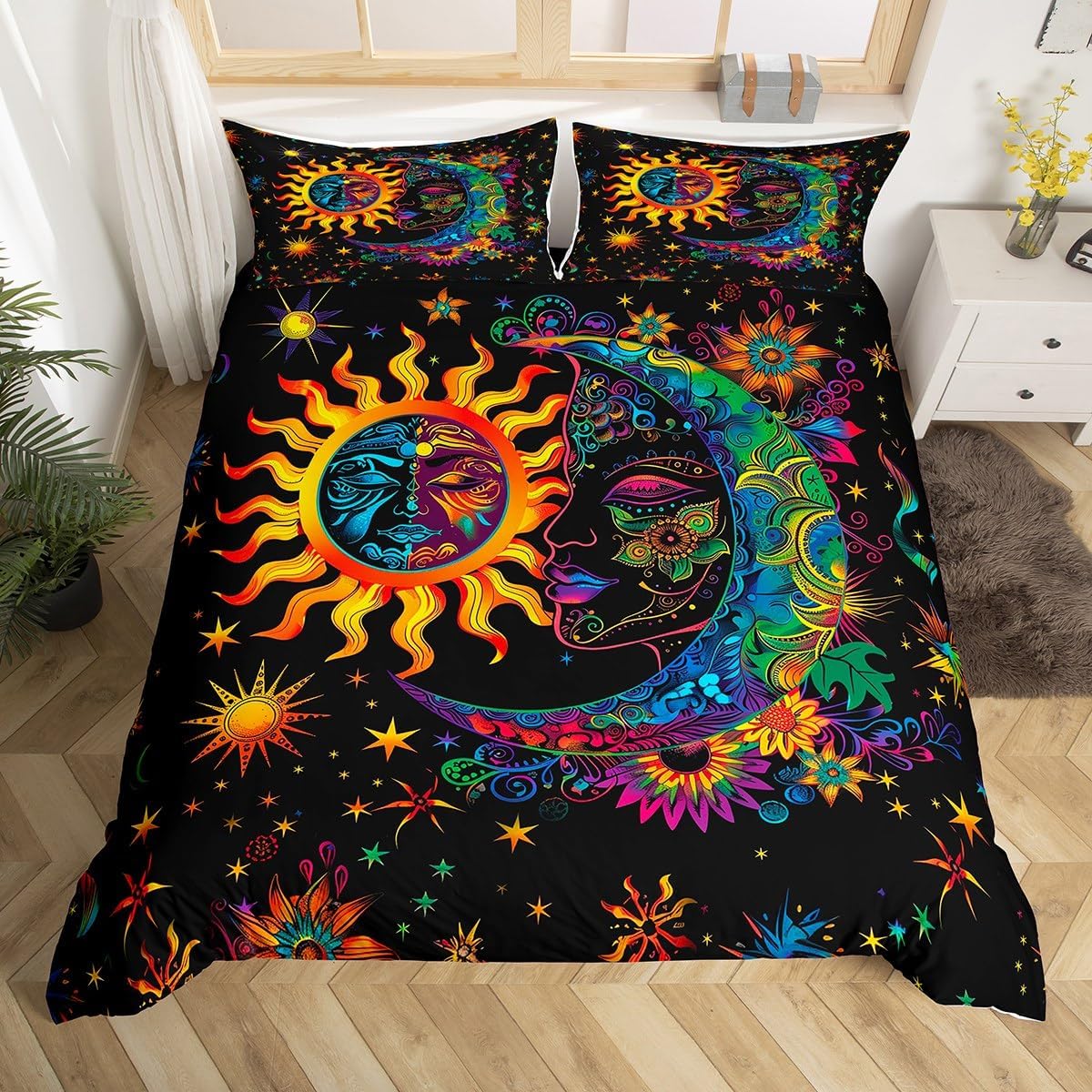 jejeloiu Boys Girls Boho Exotic Comforter Cover Toddler Size, Sun and Moon Duvet Cover Kids Bohemian Bedding Set for Galaxy Teens Bedroom Decor Soft Quilt Cover 2Pcs (No Comforter)