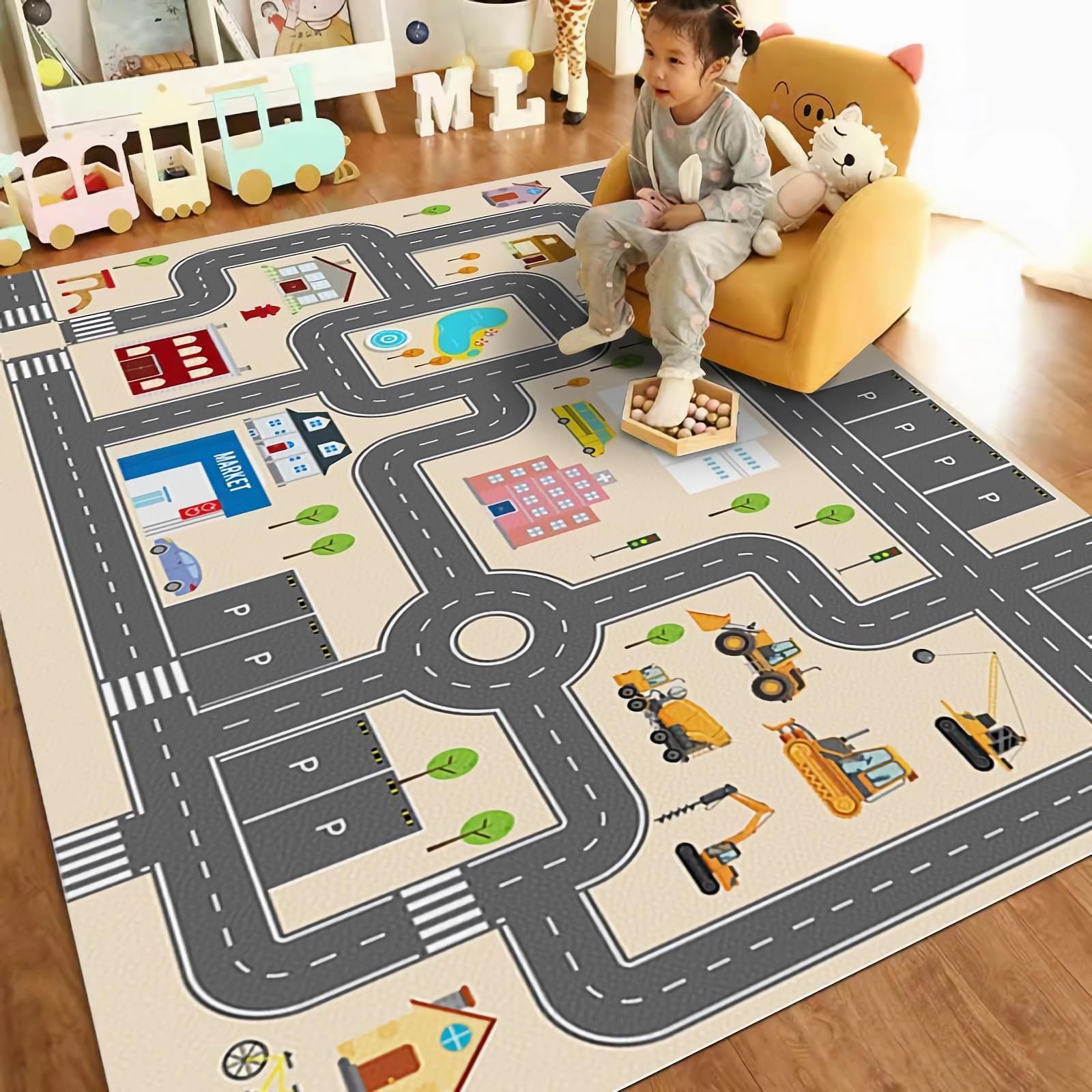 Kids Carpet Playmat Rug City Life Great for Playing with Cars and Toys, 63"x47" Non Slip Kids Rug for Playroom Bedroom,Educational Area Rugs City Pretend Play Mat for Bedroom (city ​​building)