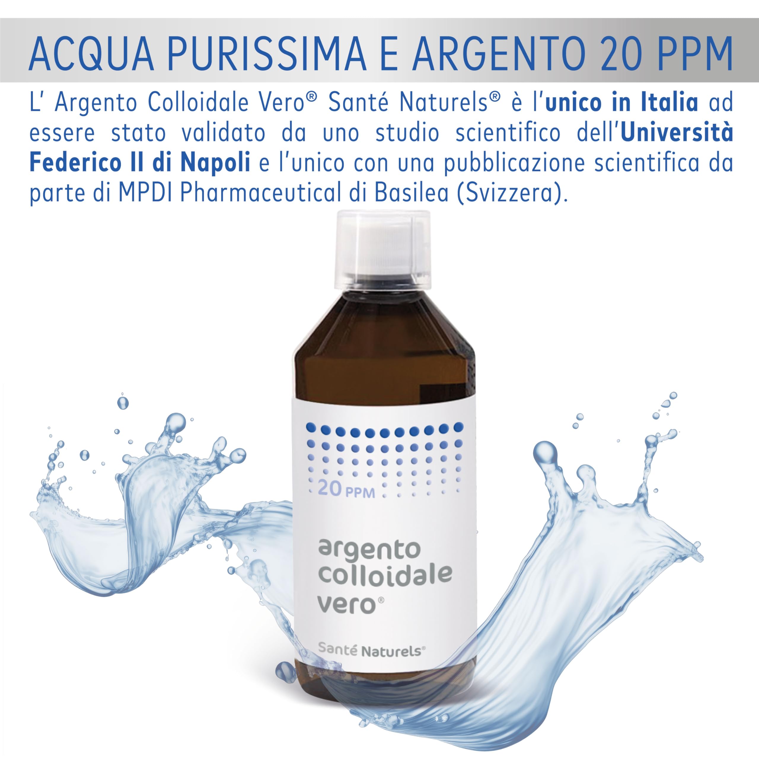 Argento Colloidale Vero ● 20 ppm 500 ml ● Particellare non Ionico con Forte Azione Antibatterica e Cicatrizzante ● Made in Italy