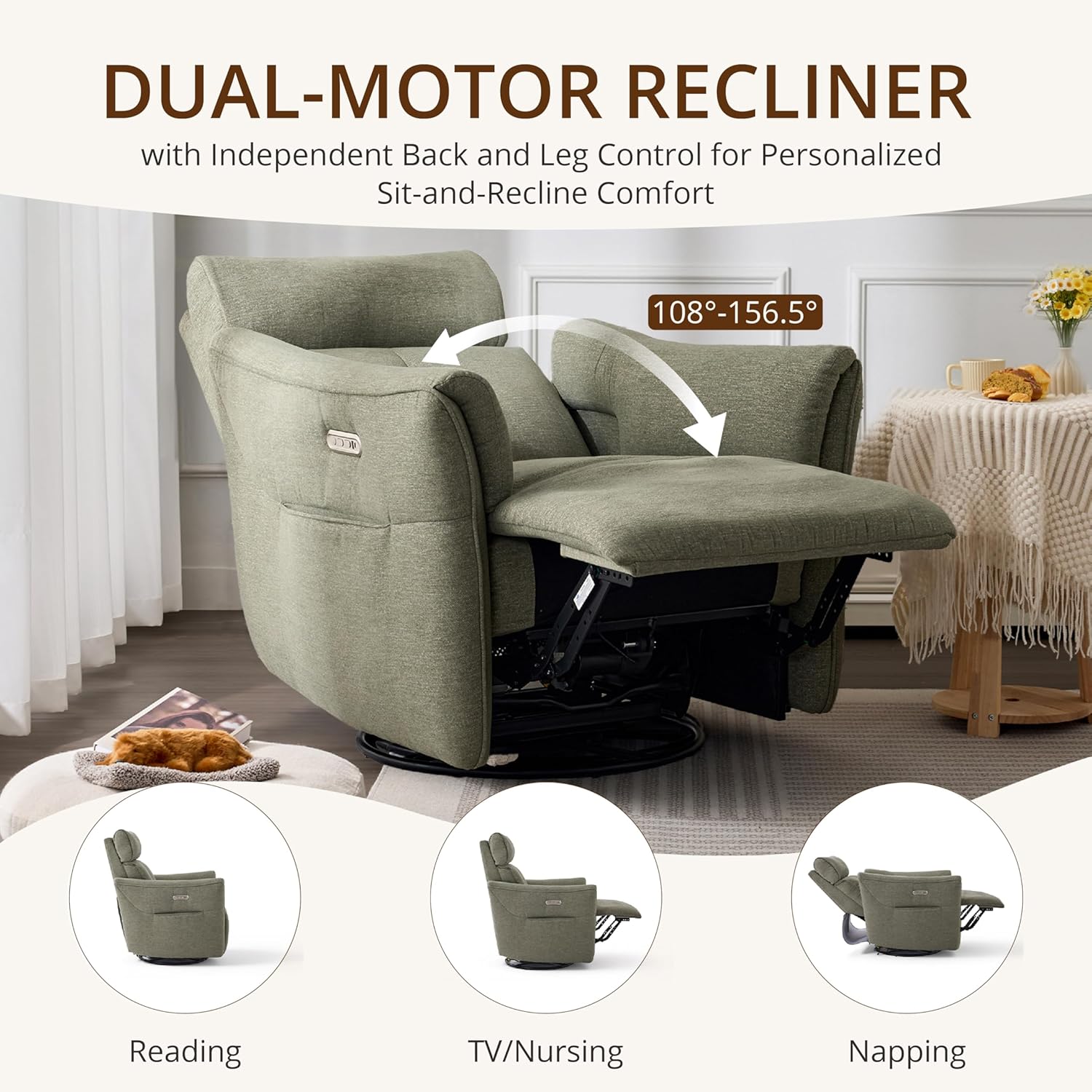 Power Rocking Chair Nursery Glider Recliner with Adjustable Headrest, Dual Motor Chenille Swivel Rocker Recliner Chair with USB Port and Storage Bags, FSC, CertiPUR-US® Certified, Green