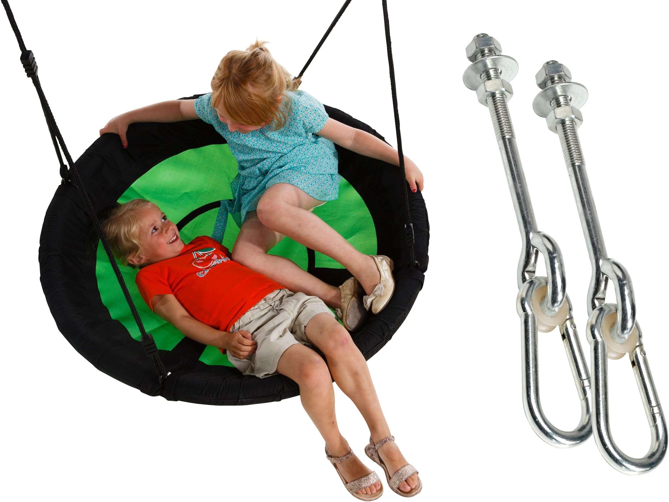 Nest Swing Seat With Soft Seating 100cm Diameter + Pair of M12 Swing Hooks 'Through' For Children's Swing Frames - Apple Green and Black - Holds Up to 150kg Weight.