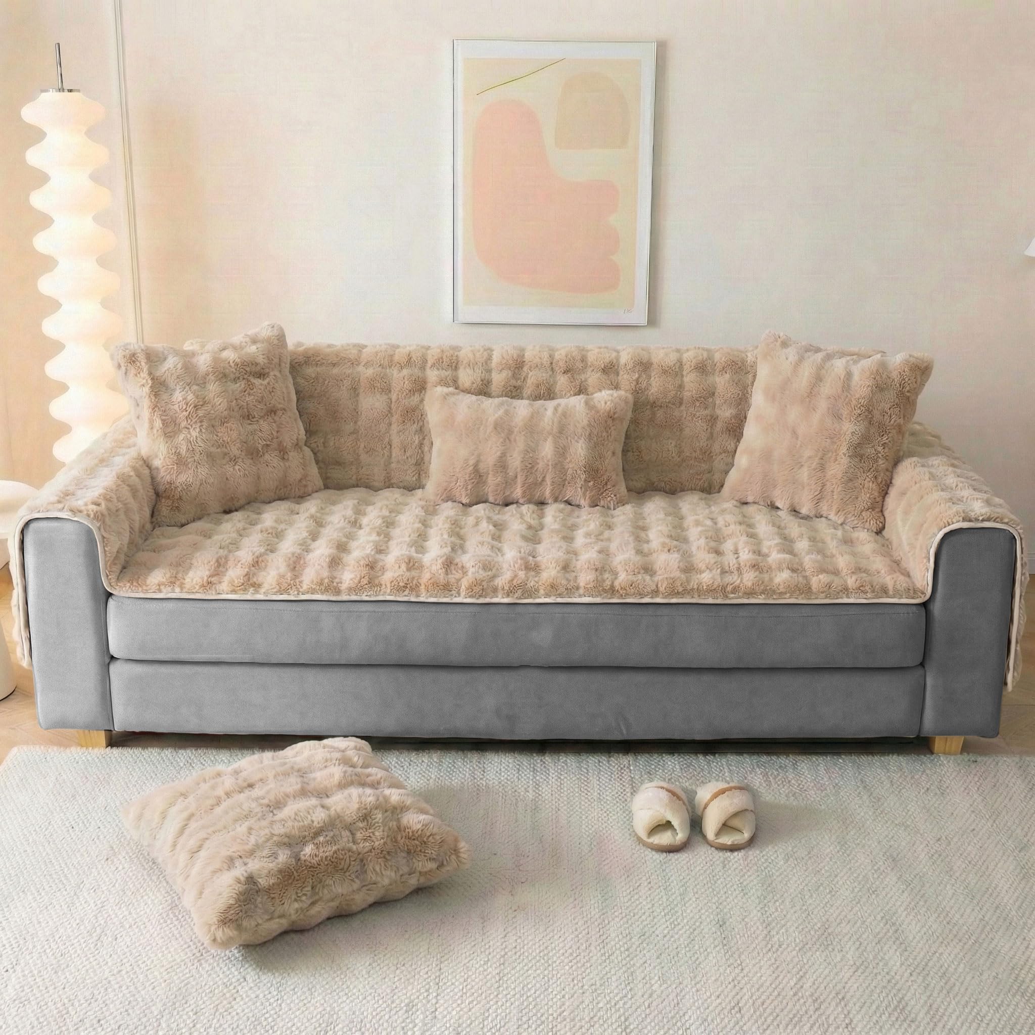DREAM CARE Premium Waterproof Faux Rabbit Fur Sofa Seat Protector Ultra-Soft & Fluffy with Anti-Slip Backing, 3 Seater Sofa Seat Cover 70 * 160 with 2 Arm Rest 56 * 60 (Beige)-image-3
