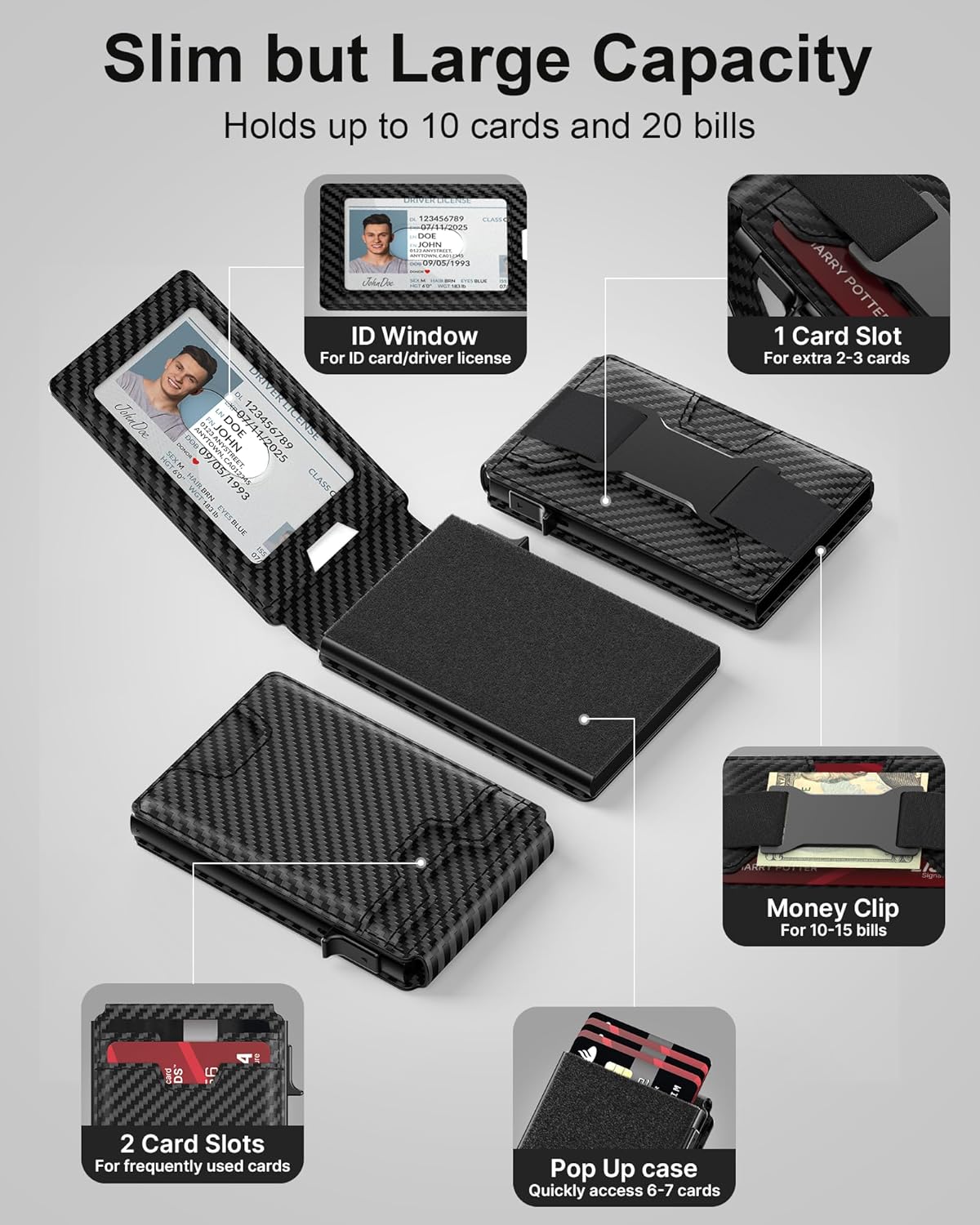 typecase Mens Wallet Card Holder: Pop Up Card Case, Genuine Leather, RFID Blocking, Smart, Slim, Minimalist, Thin - 13 Card Capacitiy, ID Window, Cash Strap (Carbon Fiber) - Image 2