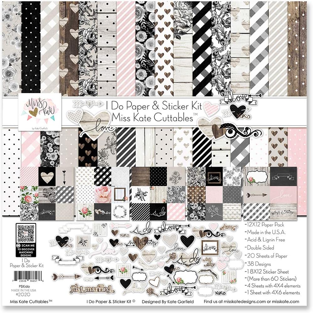 Paper & Sticker Kit - I Do - Wedding - 20 Double-Sided 12x12 Papers with 39 Designs & 1 8X12 Sticker Sheet - Scrapbooking Card Making Crafting - by Miss Kate Cuttables