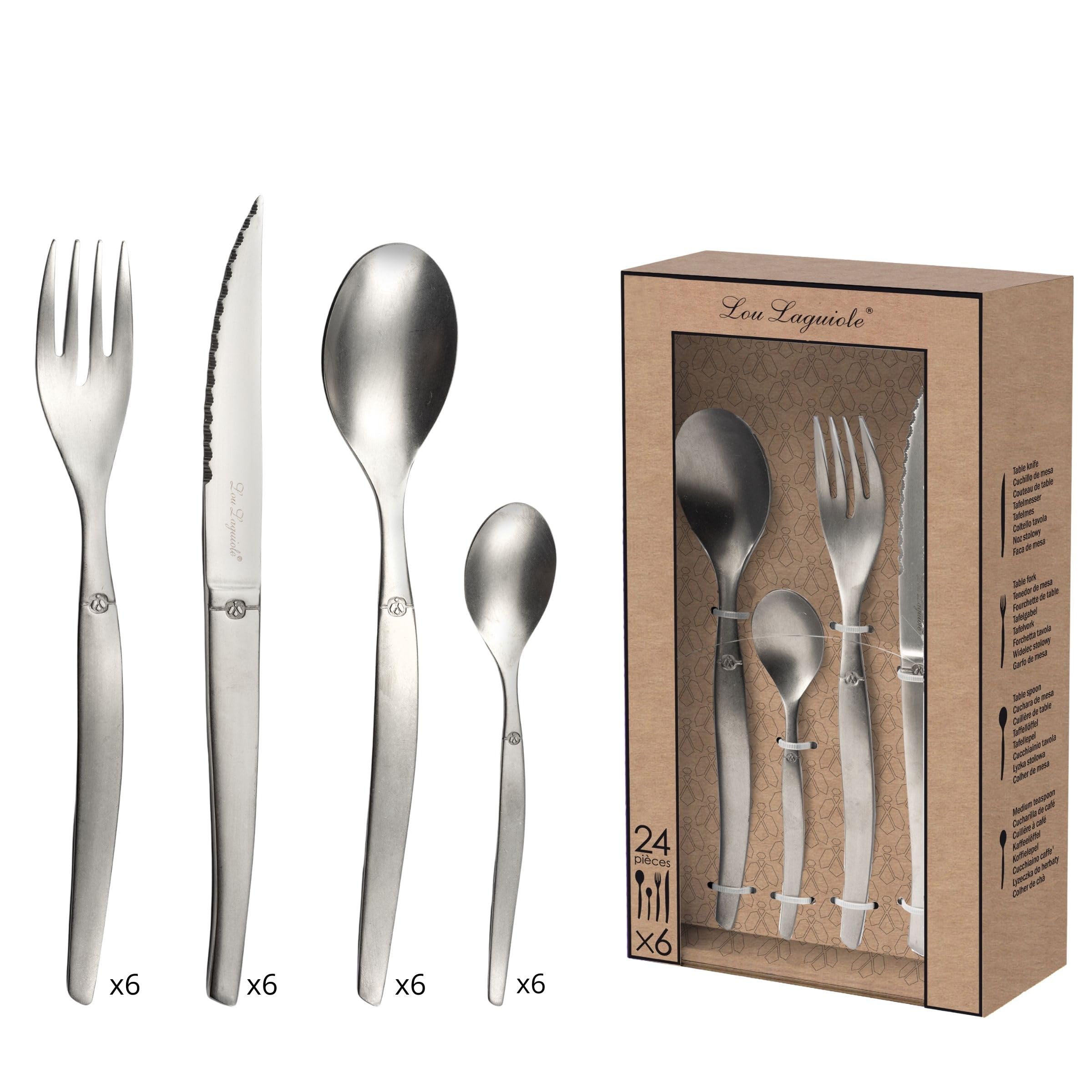 LOU LAGUIOLE - JET | Besteck Set 6 Personen | 24-teilig | Spülmaschinenfest | Tafelbesteck 6 Personen mit mikroverzahnter Klinge | Edelstahl Vintage Style | 18/0 Edelstahl