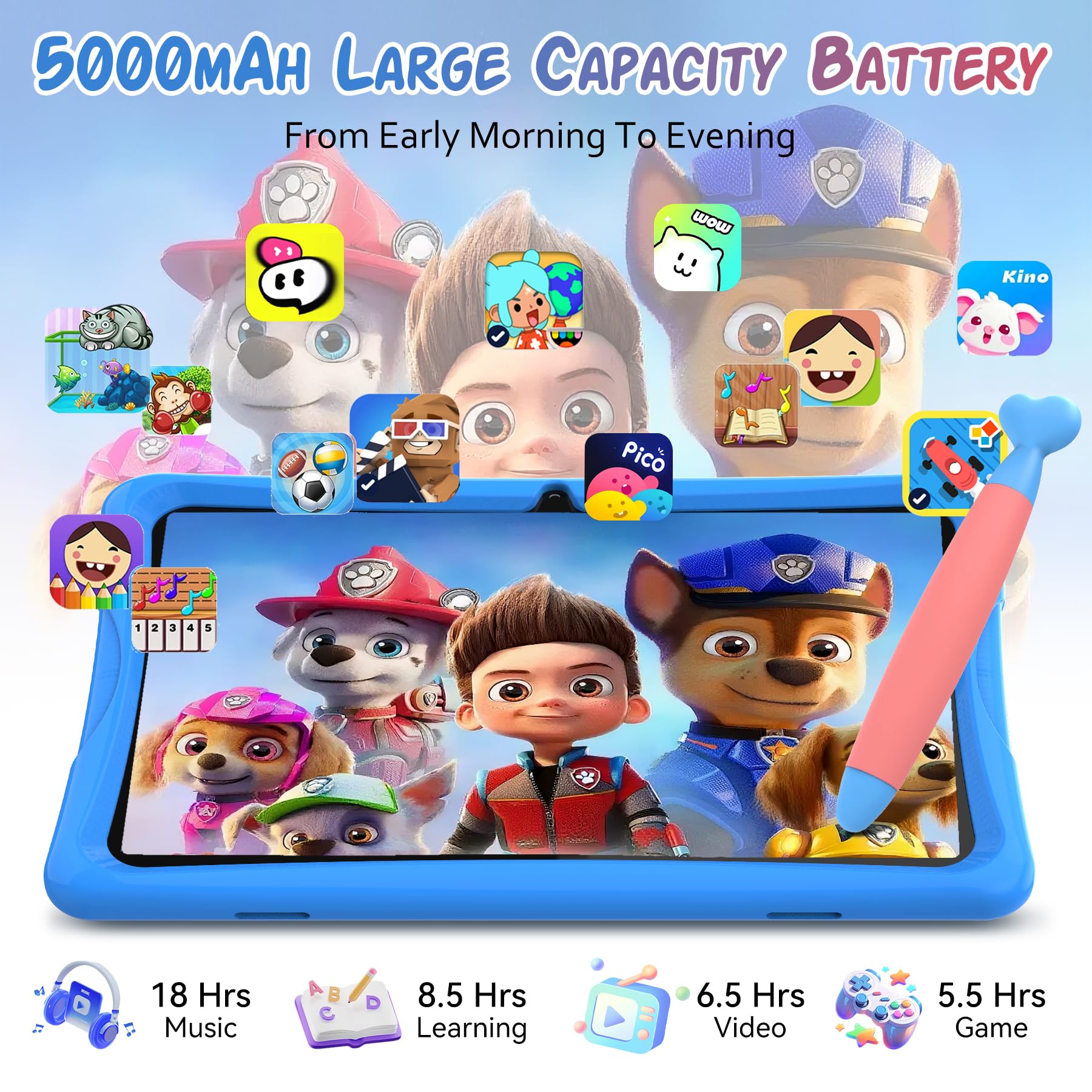 TABWEE Kids Tablet 10 inch, Android 15 Tablets for Kids, Parental Control, Pre-Installed Kiddos Software & Kids Space, Includes Case & Stylus Pen, 12GB RAM 64GB ROM, 2TB Expand, HD IPS Screen(Blue) — view 6
