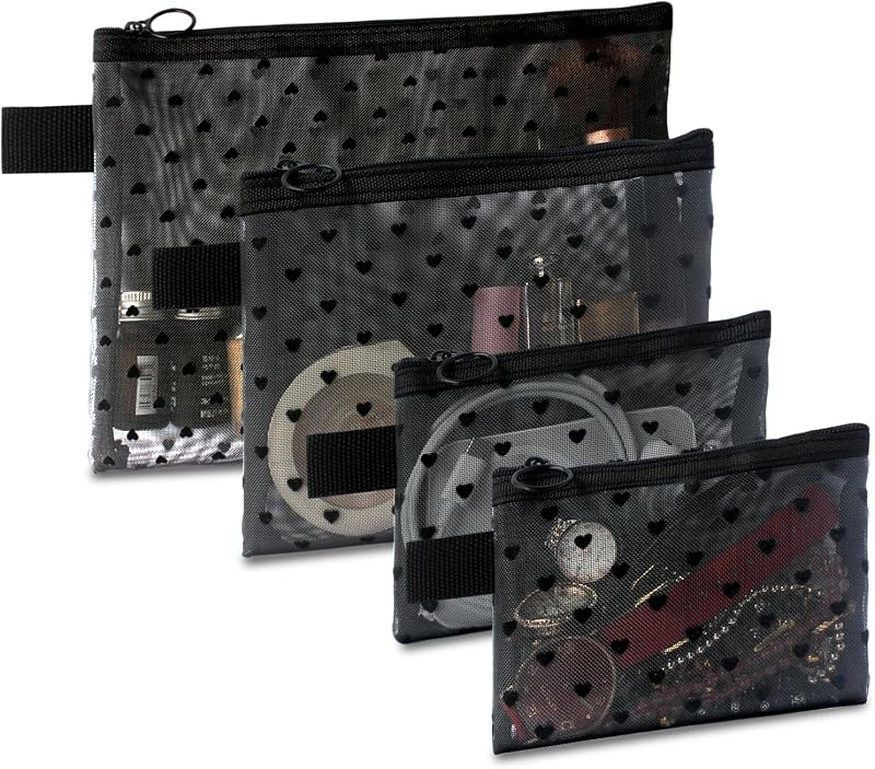 Conjunto com 4 necessaires de maquiagem em tela com estampa de corações TRAKWAN, pretas