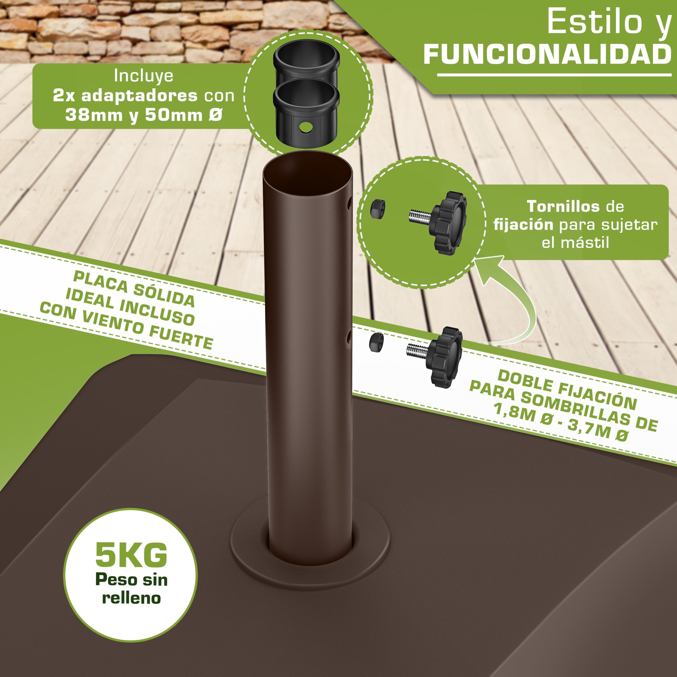 tillvex® Base de sombrilla GRAVIA con Ruedas y Frenos | Soporte de lastre rellenable 37L / 56kg | Pie para Parasol y sombrilla de Mercado Ø 1,8-3,7m | Resistente a la Intemperie y UV (Marrón) — view 6