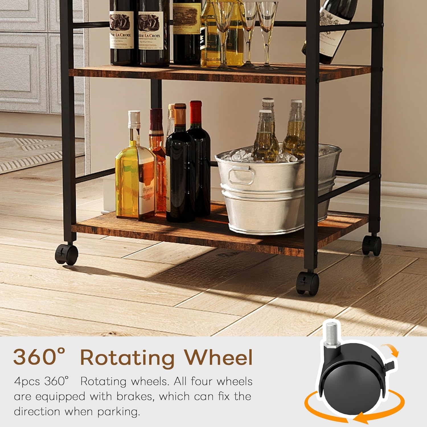 3 Tier Kitchen Cart, Rolling Bar Cart for Tea, Coffee, Liquor, and Drink Service with Removable Serving Detachable Server, Rustic Brown and Black