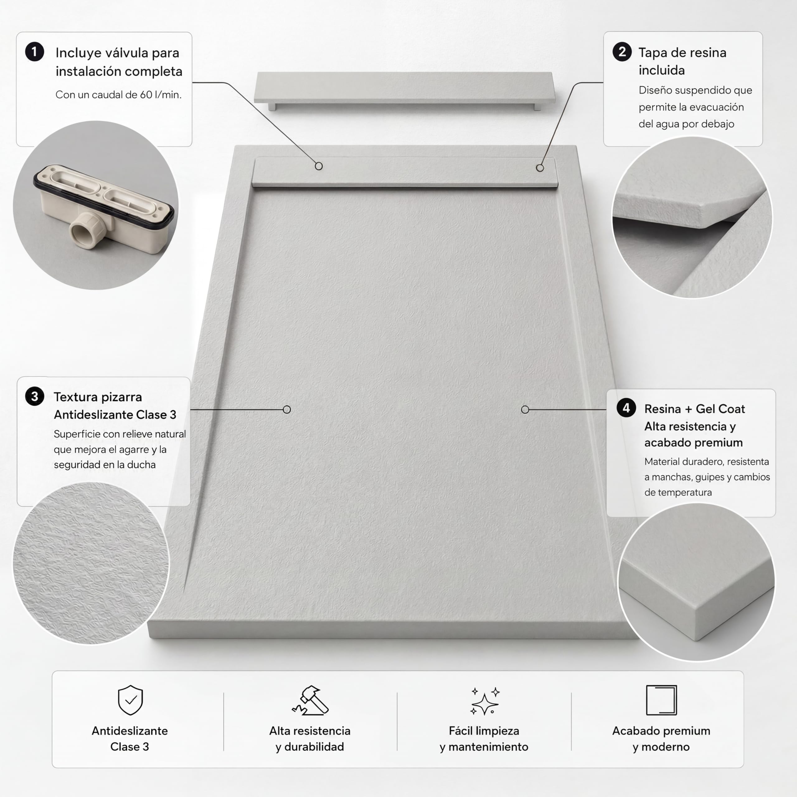 Plato de Ducha Modelo Venecia - Plato Ducha Resina con Textura Pizarra - Disponible en Varios Colores y Medidas - Gris Claro (RAL 7035) 70x170 cm - Incluye Válvula Desagüe y Rejilla.