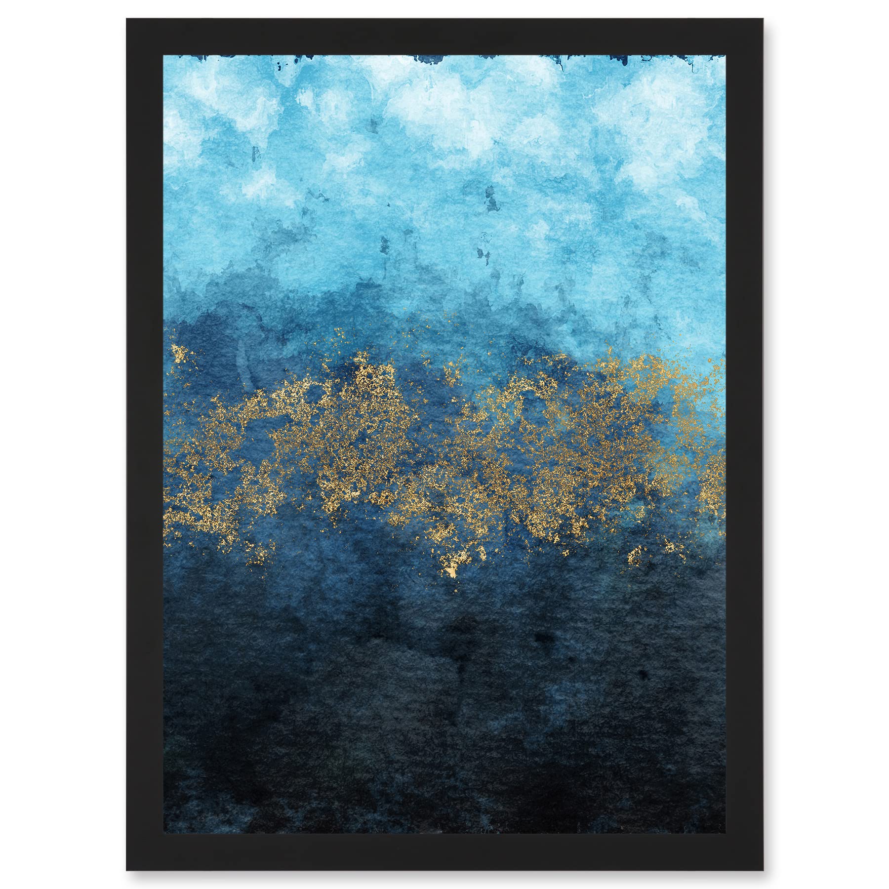 Artery8 Framed Wall Art Print - Abstract Blue and Gold Watercolour - Modern Artwork - A4