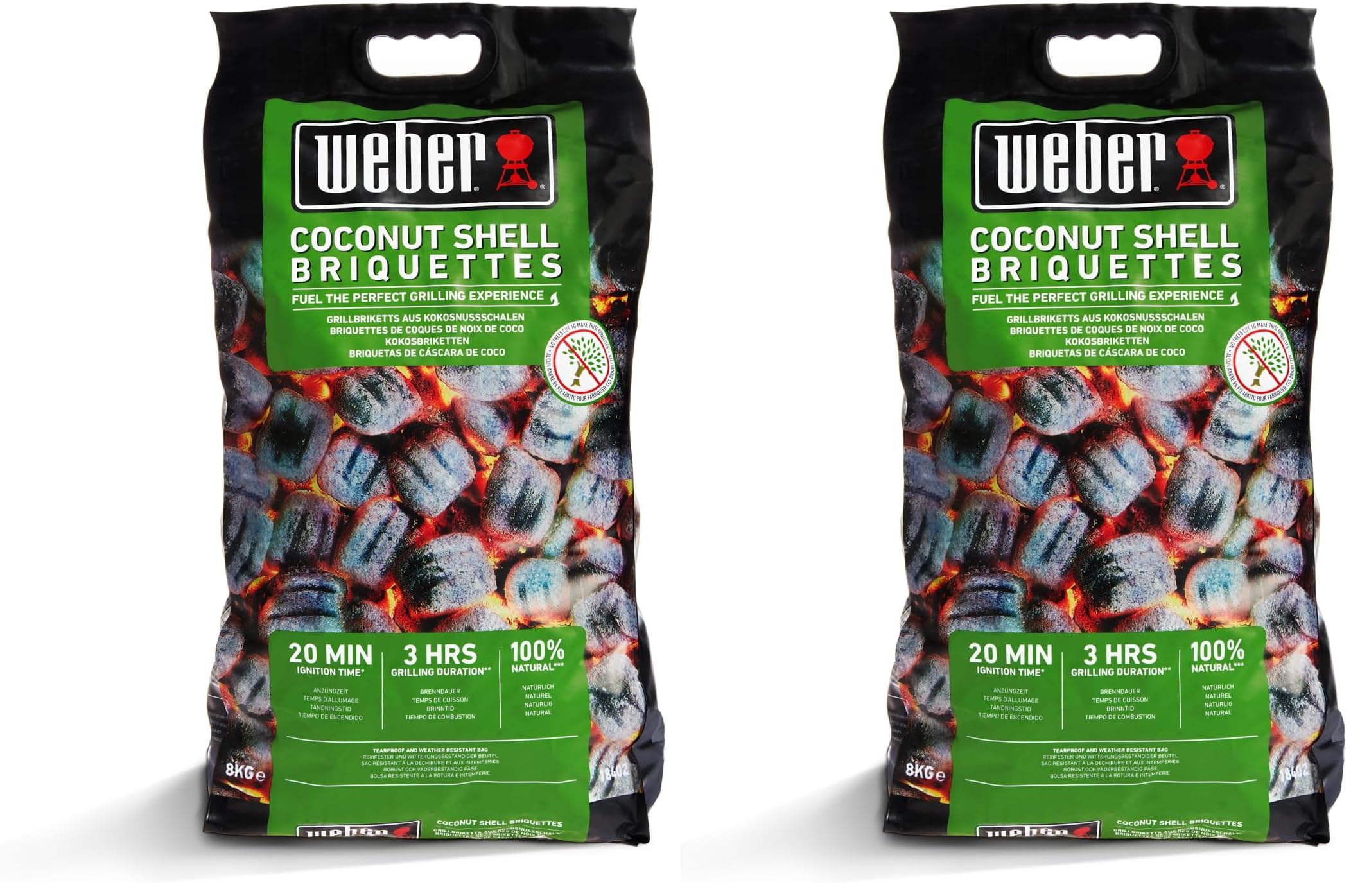 Weber Grill-Briketts aus Kokosnussschalen (8kg Sack), leistungsstark, für Lange und konstante Glut, ideal für längeres Grillen des Grillguts, 100% natürlich (18402) (Packung mit 2)