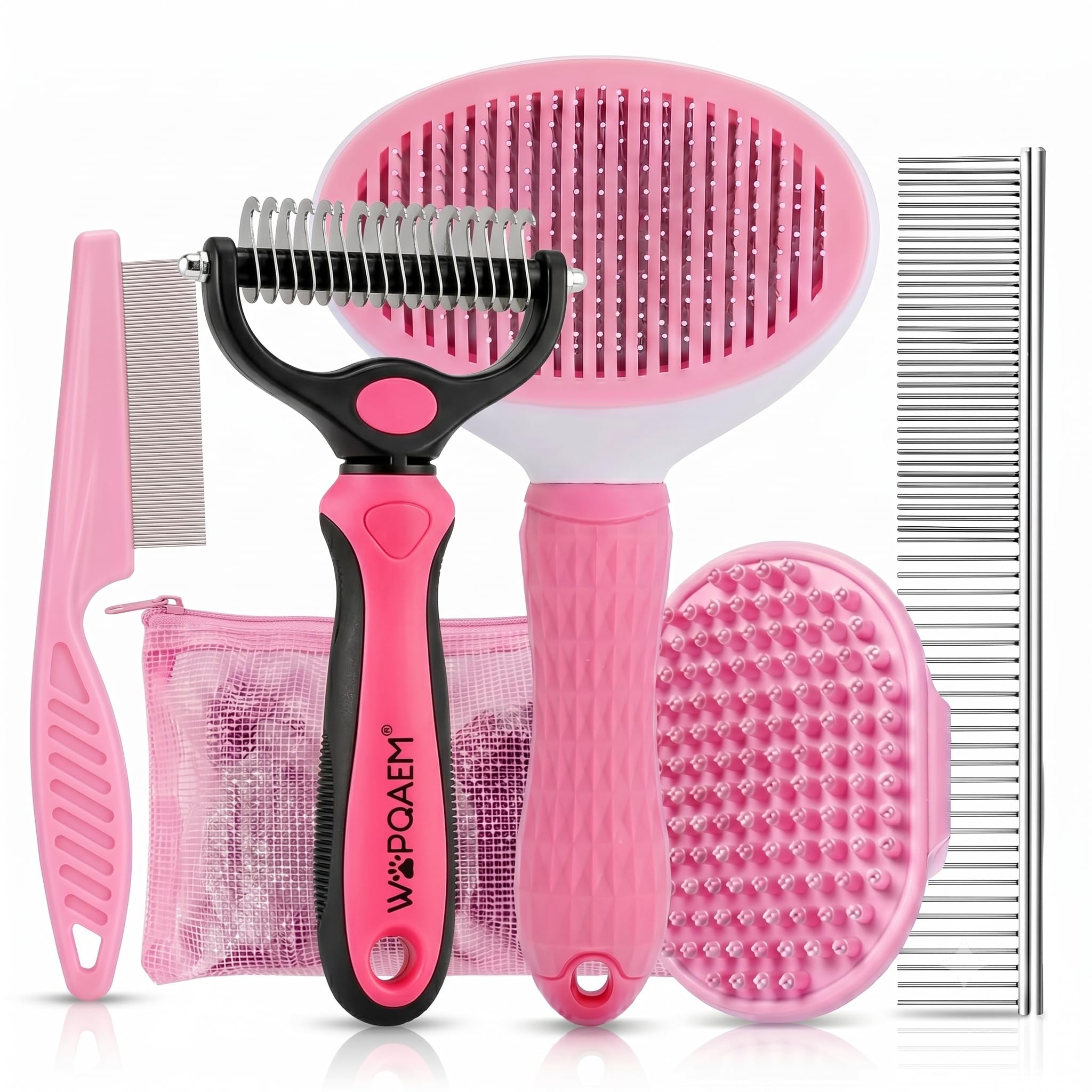 WOPQAEM Dog Grooming Kit Dogs Brush 5 Pack - Slicker Brush,Undercoat Rake, Pet Comb, Flea Comb, Bath Brushes for Short & Long Haired Dogs & Cats, Pink