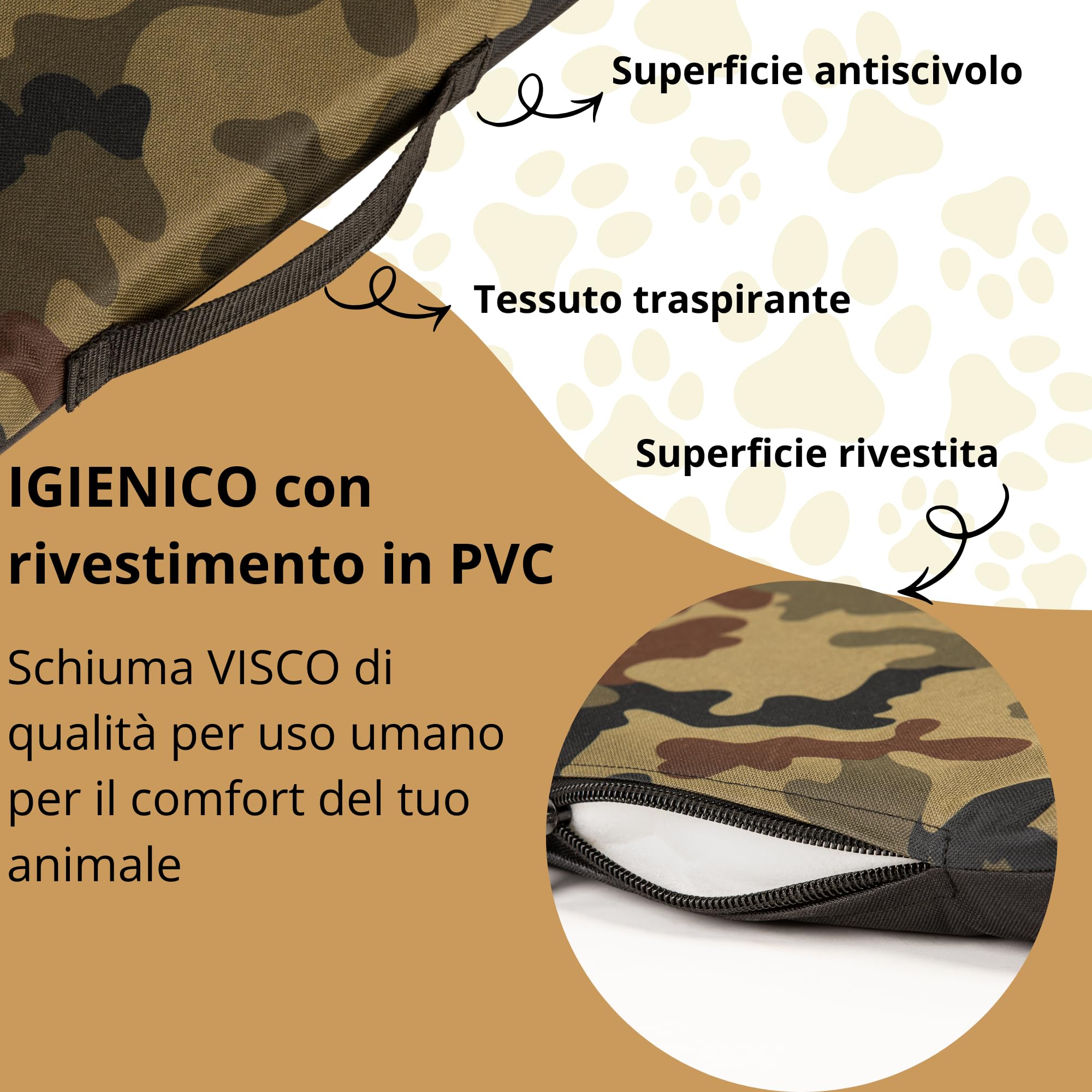 COOL PET Materasso per cani, spessore 5 cm, in schiuma fredda ortopedica (Memory Foam), tessuto Oxford 600D, con rivestimento in PVC, dimensioni 4XL-120 x 80 cm, mimetico 1