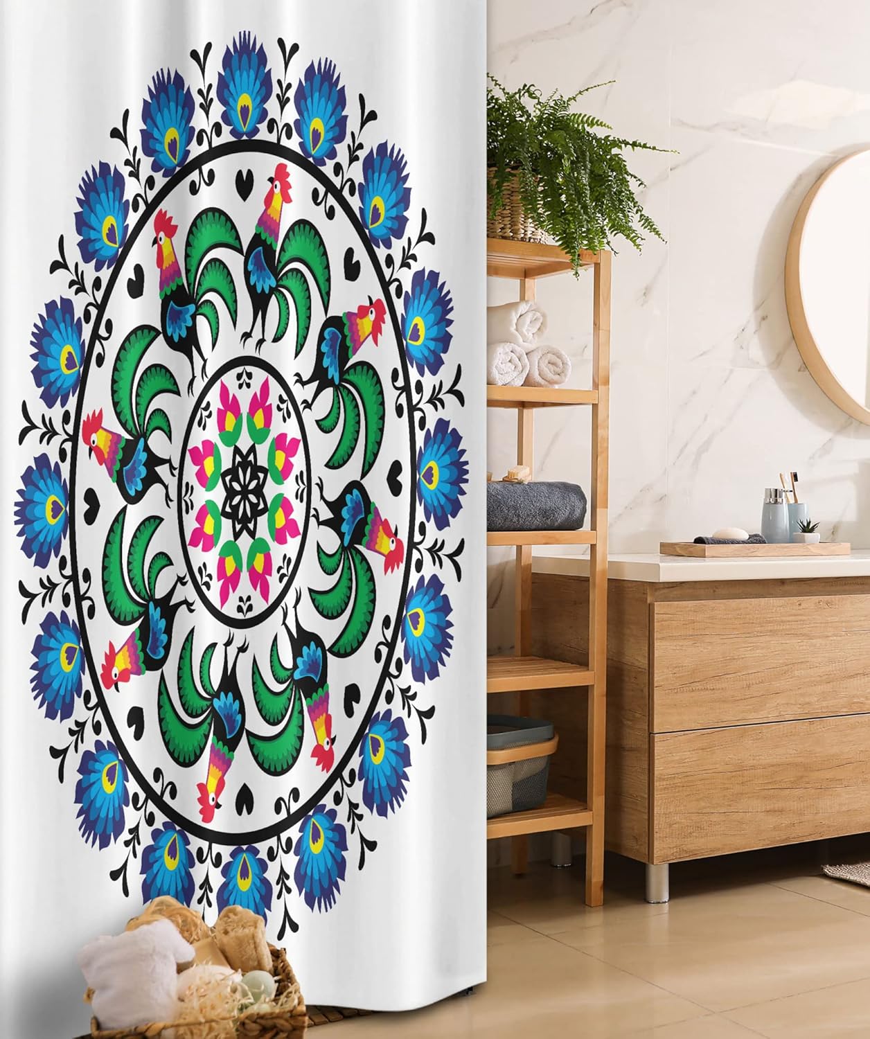 Ambesonne Gallus Stall Shower Curtain, Circle with Roosters Mandala Round Shape National Central Europe Mosaic Art, Fabric Bathroom Decor Set with Hooks, 36" W x 72" L, Multicolor