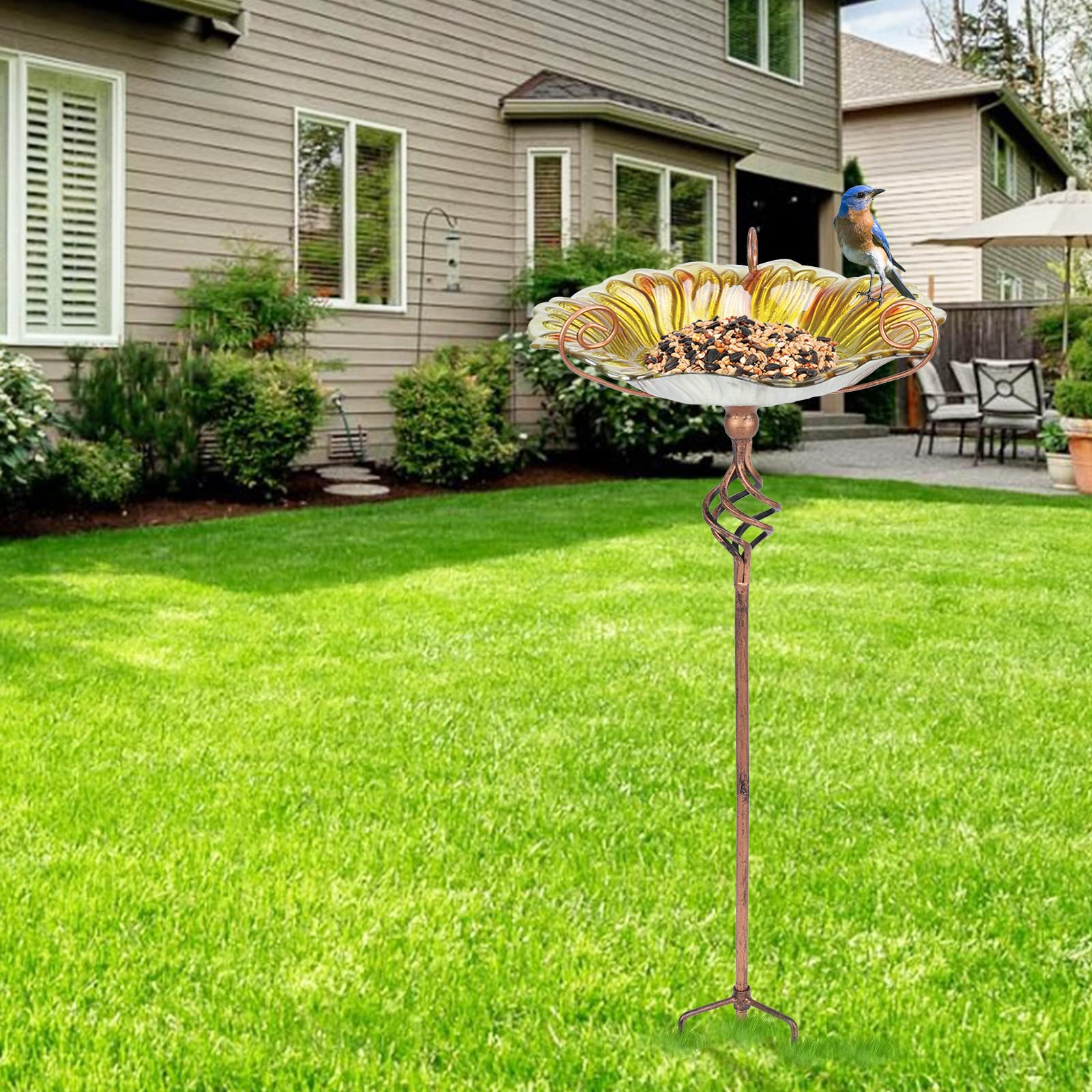 DREAM GARDEN Kąpiel dla ptaków na zewnątrz, szklana kąpiel dla ptaków żółta