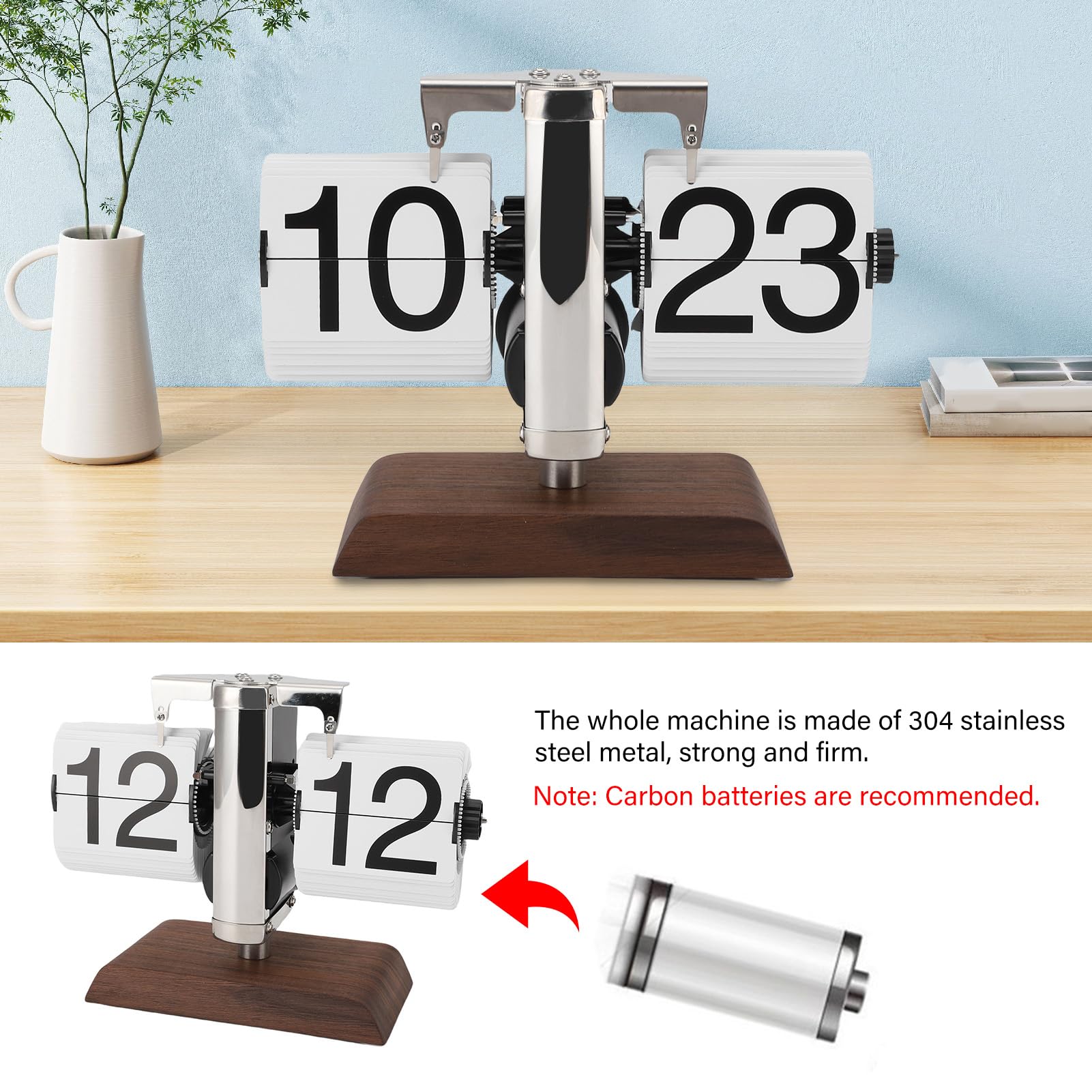 Horloge De Bureau Rétro Flip Acier Inoxydable – Noir Minimaliste, Piles, Chiffres Géants Faciles à Lire