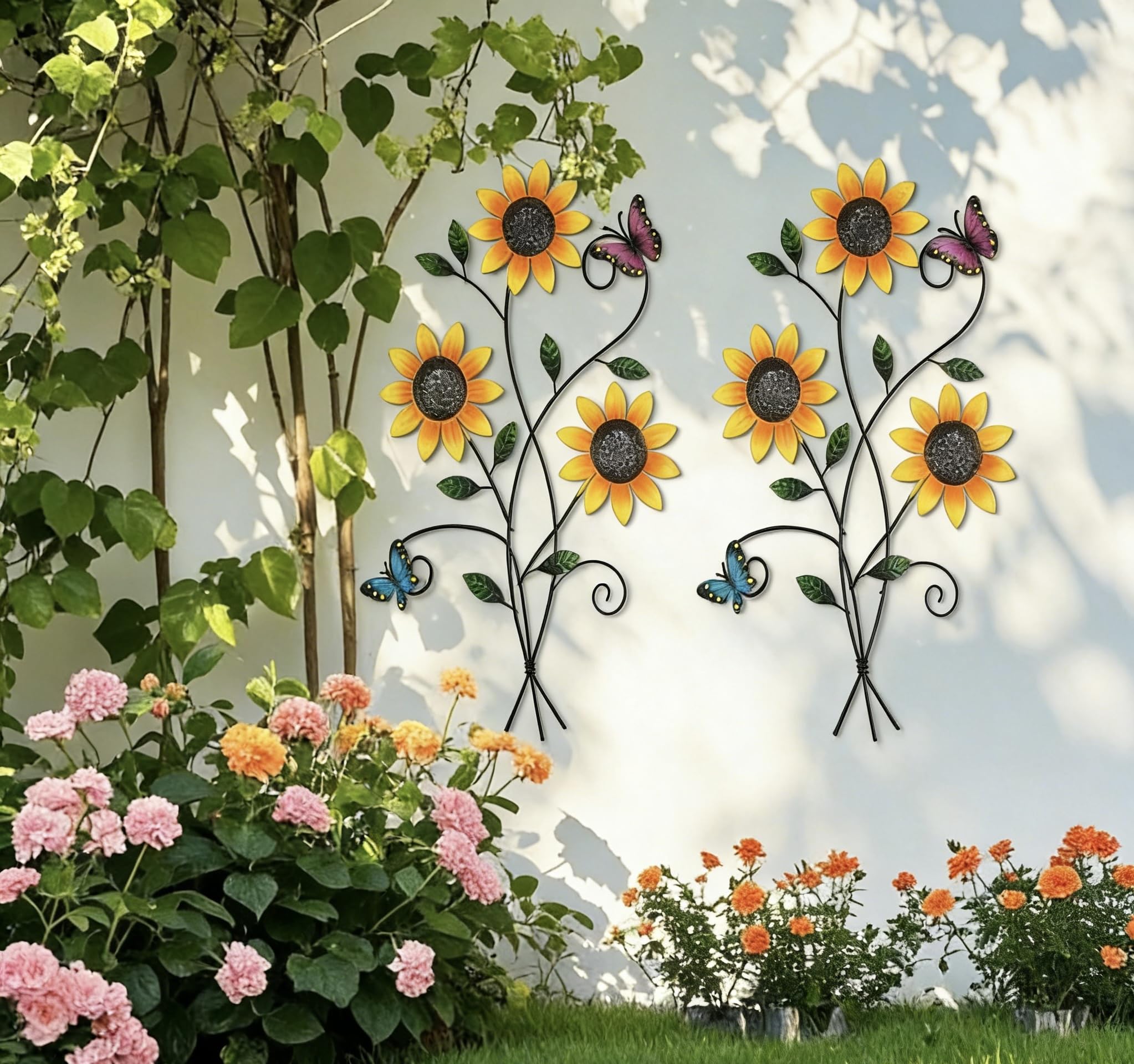 DETENE Metall Blumen Wanddeko Wanddeko aus Metall mit Schmetterlingen Floral Minimalist Line Art für Wohnzimmer, Schlafzimmer,Outdoor, Garten Flur Balkon (Rosa)