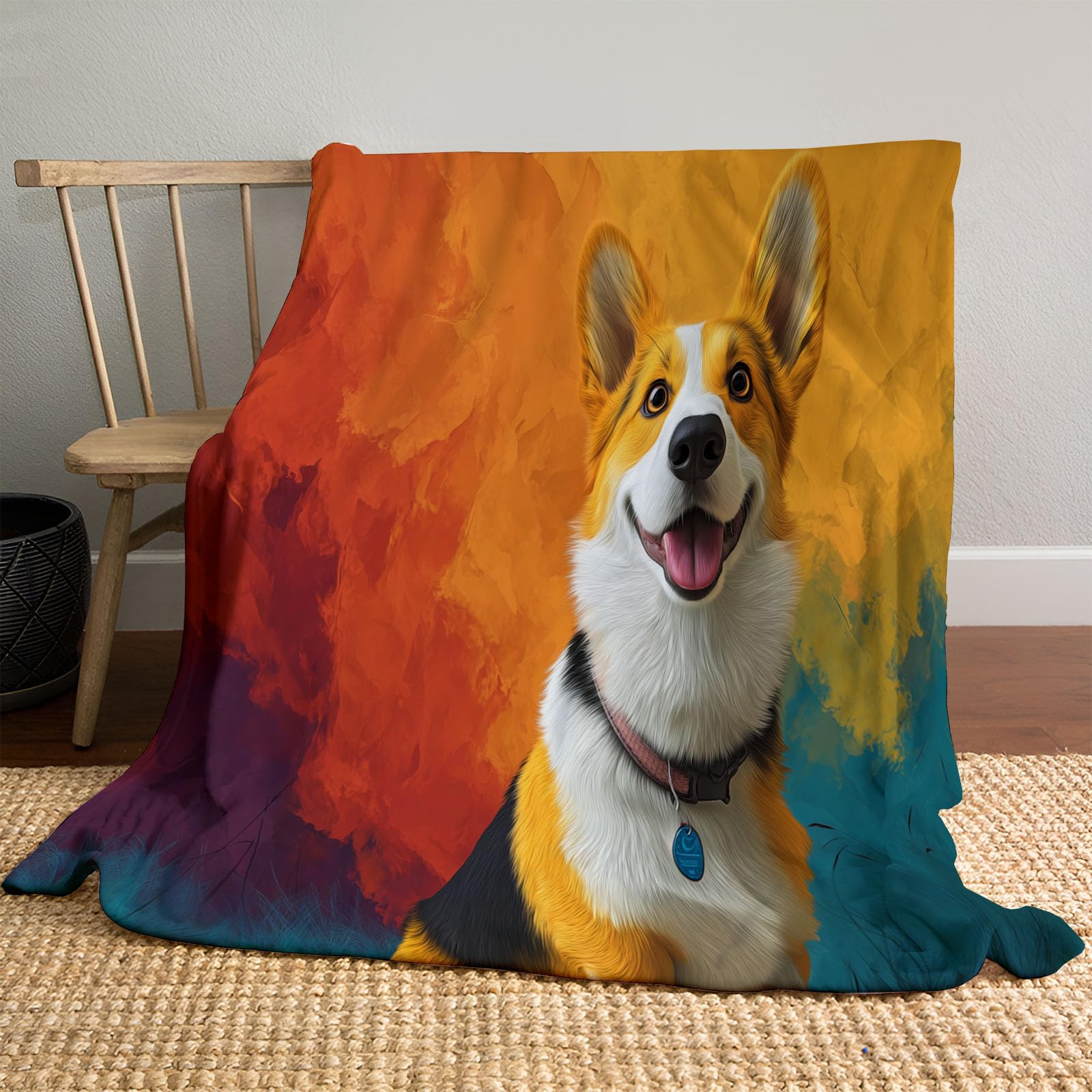 Couverture Corgi 200x200cm en flanelle de microfibre orange pour canapé et salon