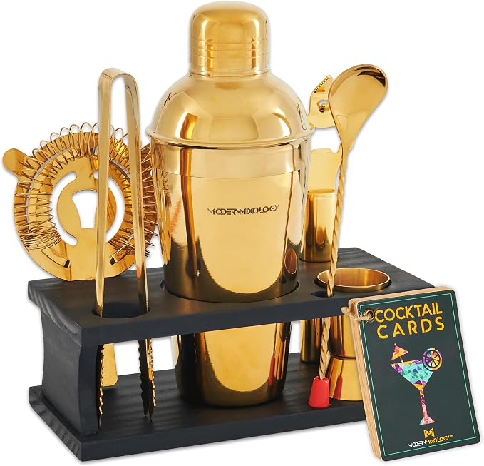 Mixology Bartender Kit - 8-Piece Cocktail Shaker Set with Wood Stand, Recipe Cards, and Bar Accessories Ideas (Gold - Black)