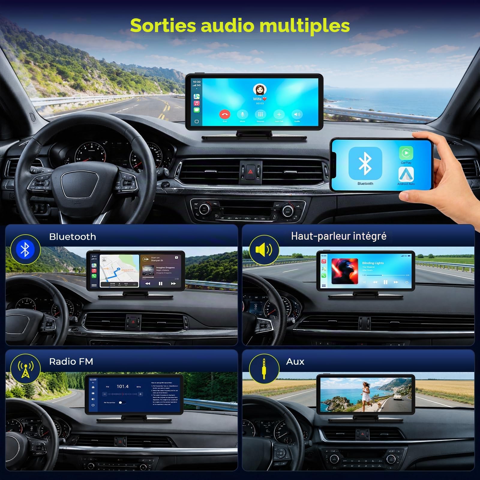 LAMTTO Ecran Carplay Voiture & Android Auto sans Fil avec Dashcam 2,5K + 1080P, Écran Tactile HD Portable de 6,86 Pouces, Car Play avec Commande Vocale, Navigation, Bluetooth, FM, AUX, Carte 64 Go