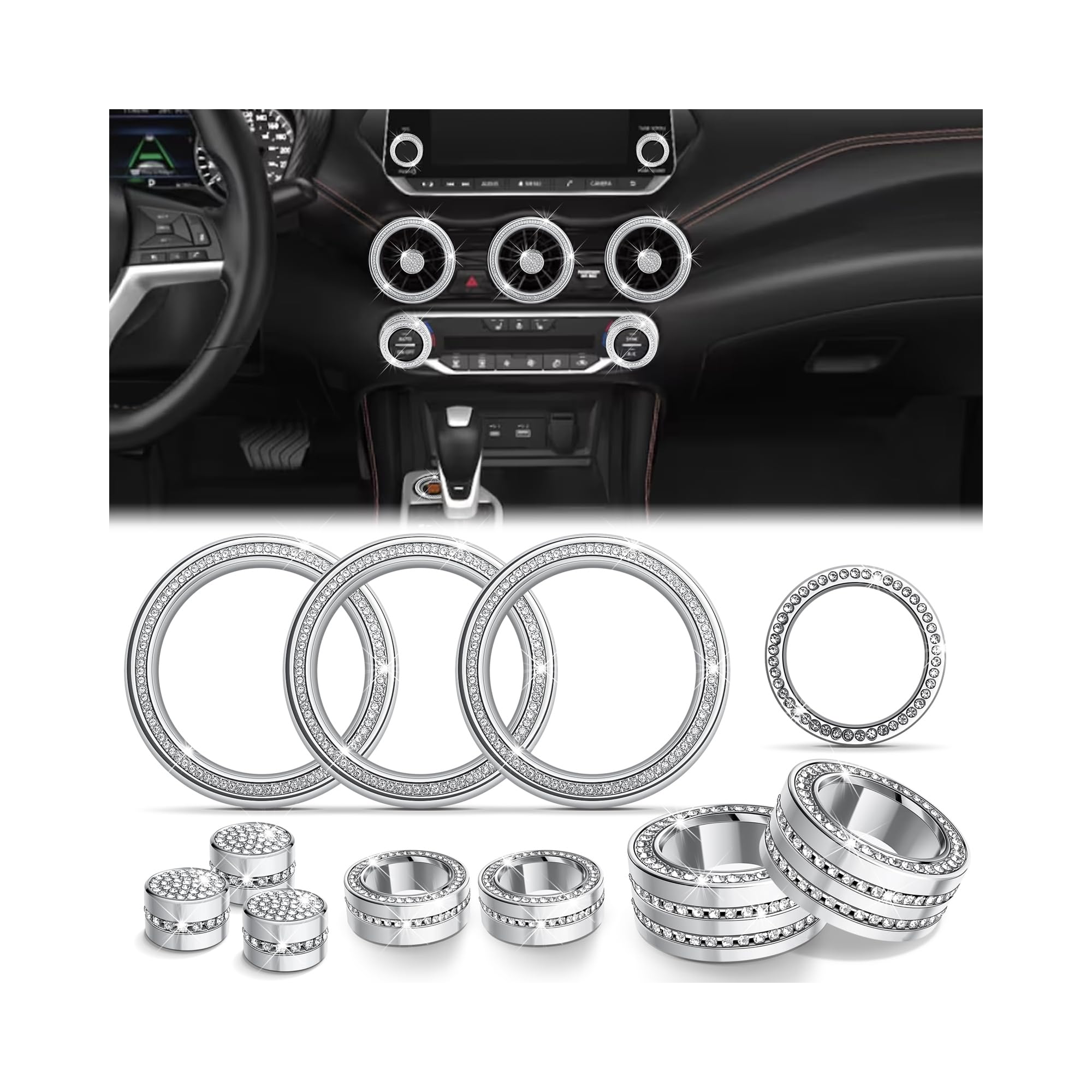 Polodunn for Nissan Sentra Accessories 2020-2025, 11pcs Trim Set - Air Conditioning, Volume Tune Knob Covers, Air Vent Outlet Covers/Rings, Push Start Button Cover/Ring (Bling)