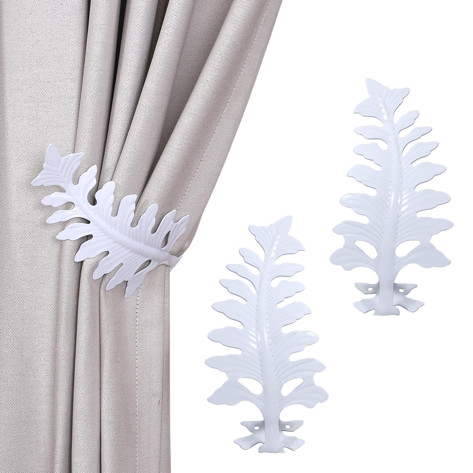 SUQ I OME 1 Pair European Big Leaf Curtain Tiebacks Novelty Fashion Curtain Hook U Shape Wall Hook Simple Modern Curtain Holdbacks (White)