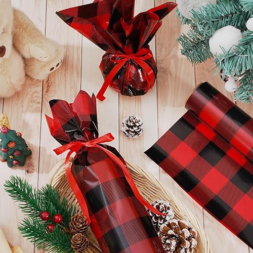 Miniatura 7 de Whaline Rollo de papel de envoltura de celofán de Navidad, color negro y rojo, a cuadros, transparente, con cinta, cesta de regalo de plástico, para