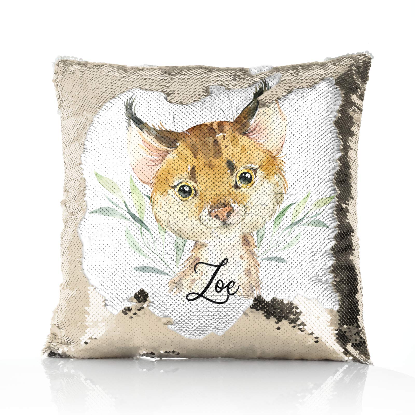 Hairyworm Personalised Cushion, Champagne, Silver, Blue, Red or Gold Squin Flip Square Cushion Customised with Initial/Name/Text, Spot Cat and Leaves Design, Square Pillow โ image 1
