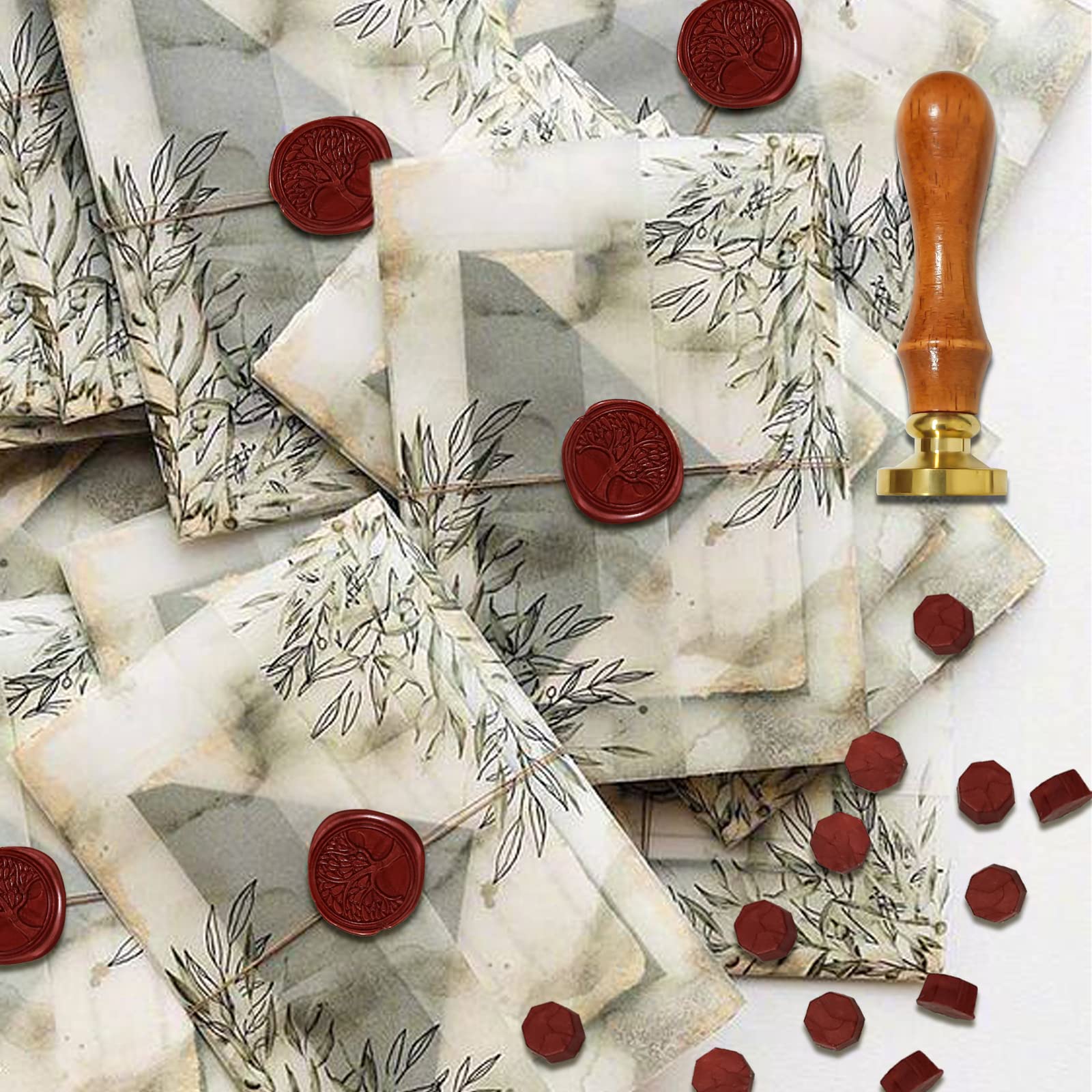 Lot de 200 sceaux de cire à cacheter avec 1 tampon arbre de vie, 1 cuillère à fondre, 2 bougies chauffe-plat, pour vernis à cacheter vintage et lettres, invitations, paquet cadeau (I Lot de 200 sceaux de cire à cacheter avec 1 tampon arbre de vie, 1 cuillère à fondre, 2 bougies chauffe-plat, pour vernis à cacheter vintage et lettres, invitations, paquet cadeau (I