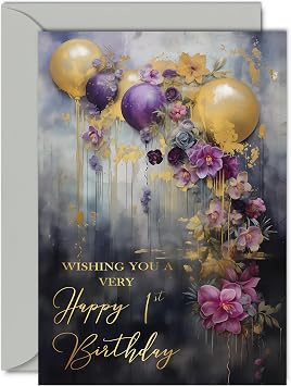 Beautiful Gold 1st Birthday Cards for Girls and Boys, Golden Party Balloons | Elegant Traditional Pretty Birthday Card for 1 Year Old Girl Boy Her or Him, A5 Gorgeous Greeting Cards Gift