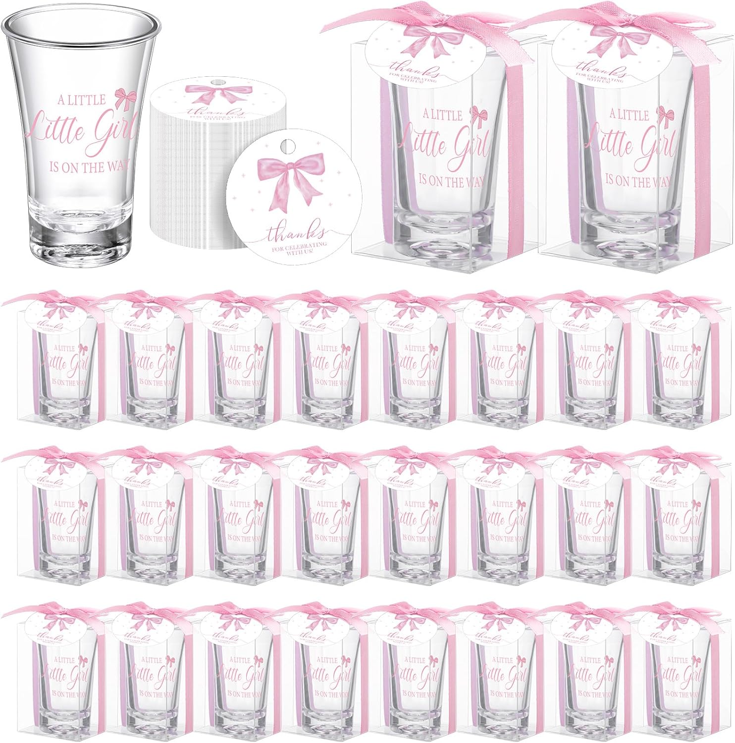 Roshtia 24 Sets Bow Baby Shower Favors for Guests Boy Girl Gifts Include A Sweet Little Girl is on the way Shot Glasses Thank You Tags Organza Bags Twine for Baby Shower Party Supplies