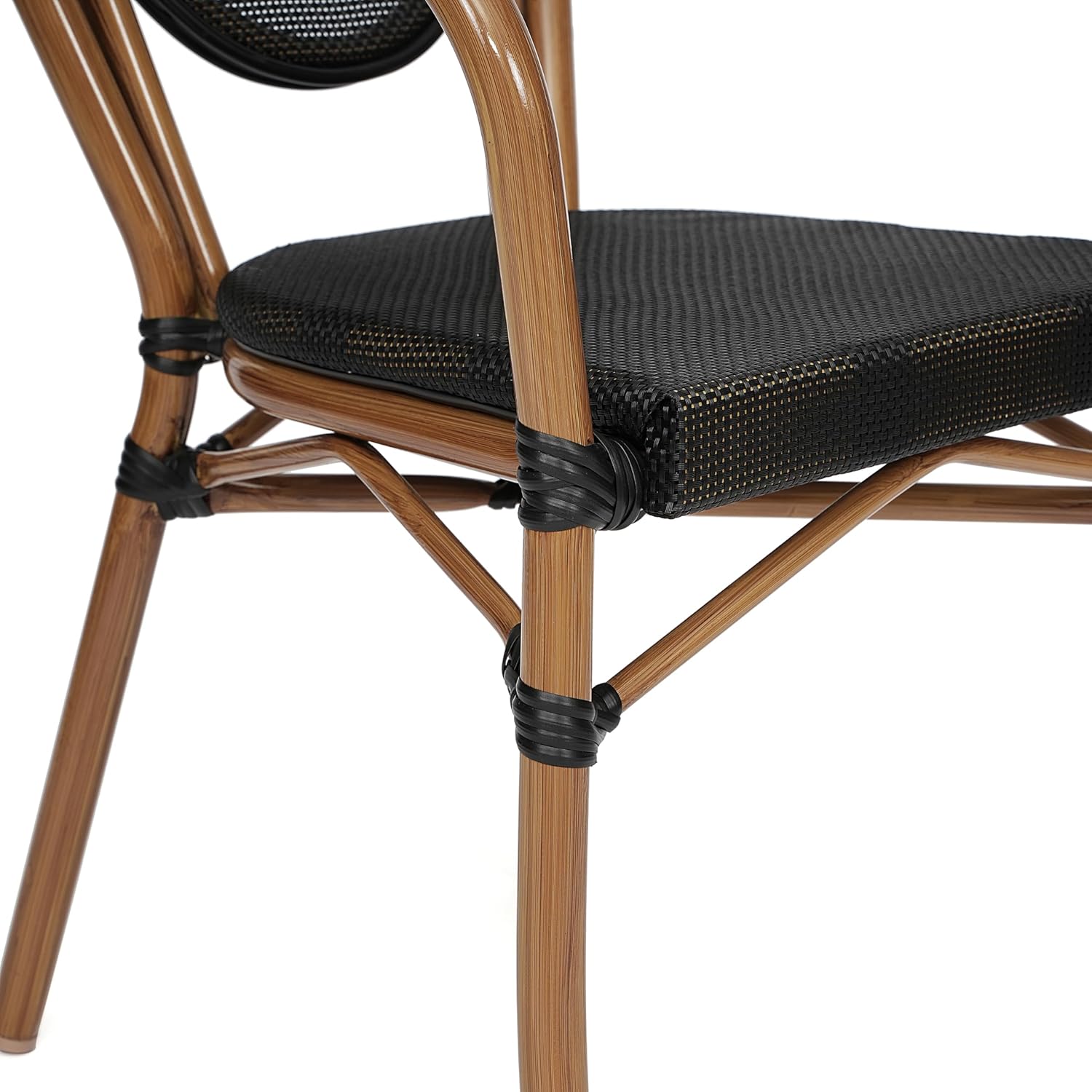 Flash Furniture Marseille Indoor/Outdoor Commercial Bistro Stack Chair - Curved Arms - Black Textilene Back and Seat - NAT Bamboo Print Metal Frame - Set of 4