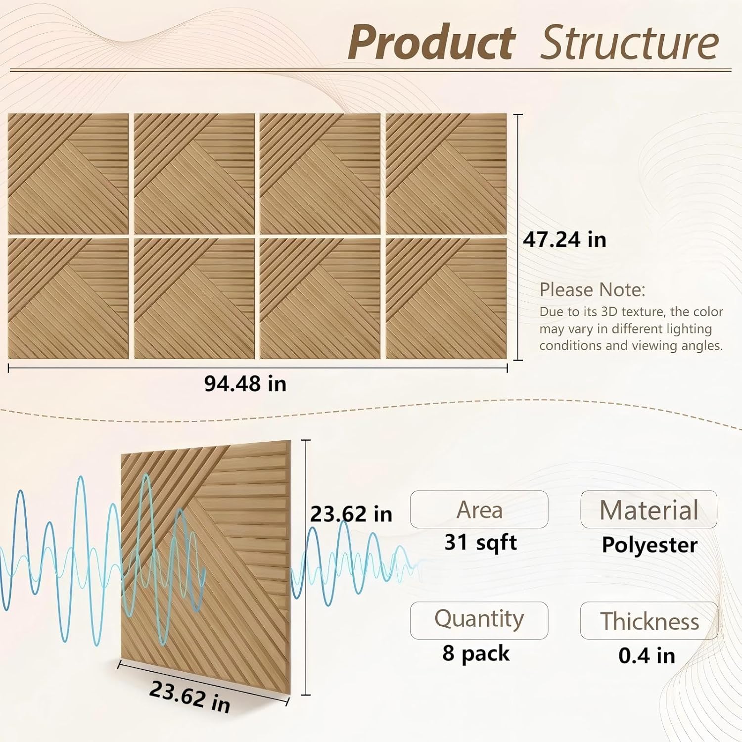 BTDVR 8 Pack Large Acoustic Wall Panels,94.48"x47.24" Self-Adhesive Soundproof Wall Panels-Total Size (Single Size 23.62"x23.62") Decorative Wood Grain Printing Sound Panels,for Studio,Office,Home 96x48 Inch(8 Pack-24x24 Inch) Log Color