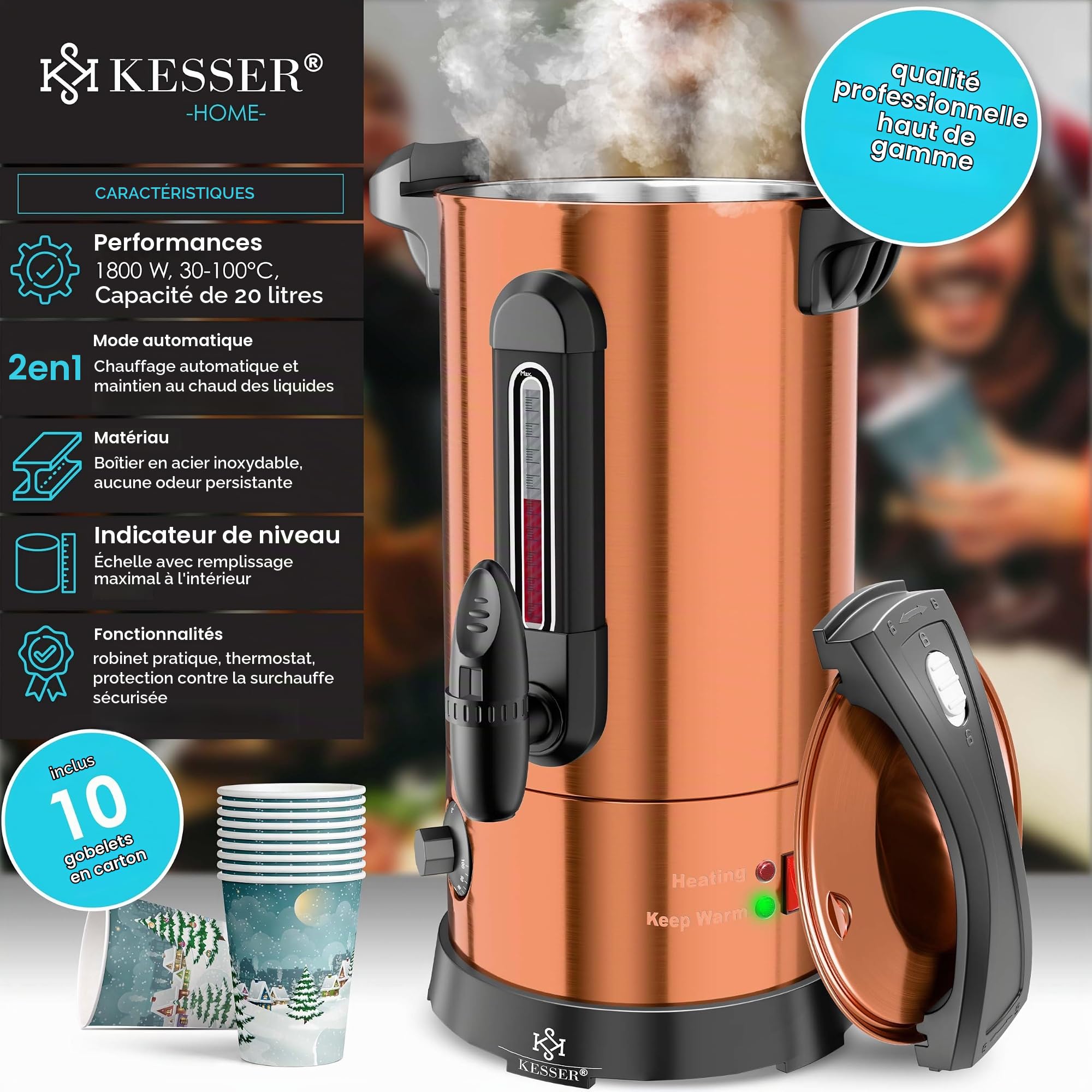 KESSER Bouilloire à vin chaud 6,8/10/20/30 l en acier inoxydable avec gobelet, bouilloire à vin chaud avec thermostat, distributeur d'eau chaude, indicateur de niveau de remplissage, robinet