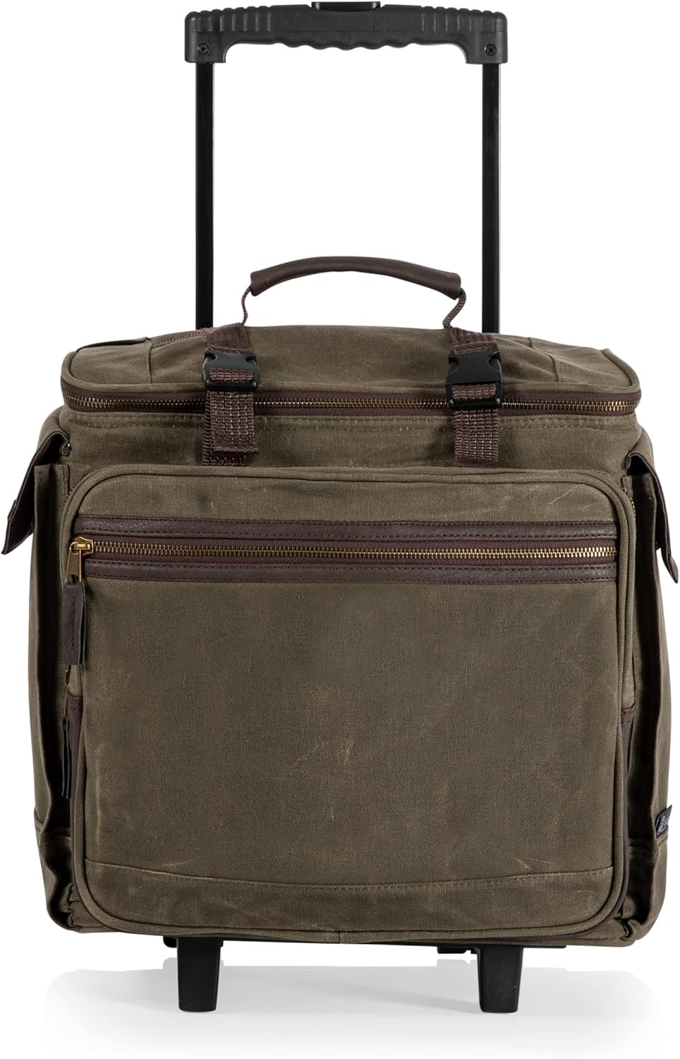 PICNIC TIME Somm - 12 Bottle Insulated Waxed Canvas Wine Bag with Rolling Cart, Insulated Padded Wine Cooler Bag, Portable Water-Resistant Bag with Removable Interior Bottle Divider (Khaki Green)