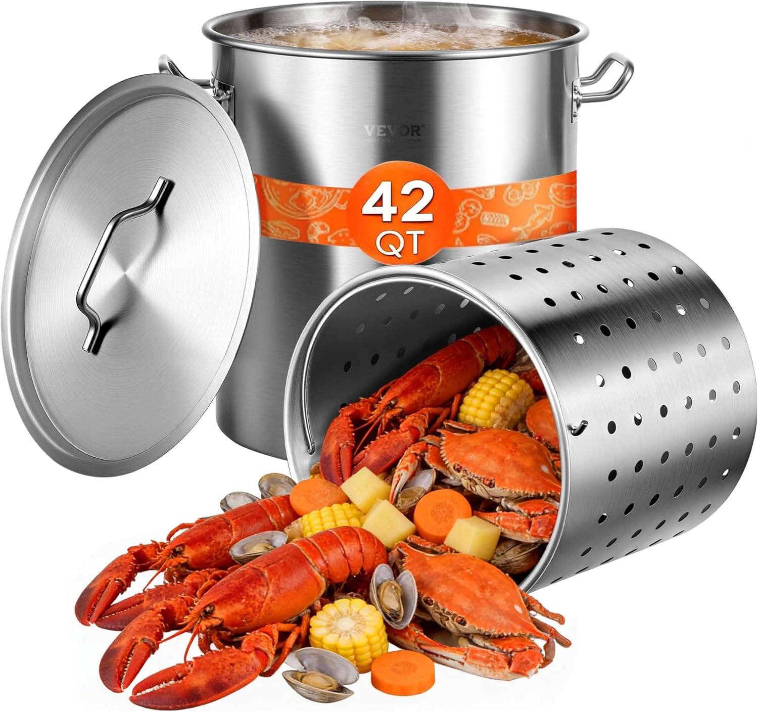 VEVOR Stainless Steel Stockpot, 42 Quart Large Cooking Pots, Cookware Sauce Pot with Strainer, Lid, and Handle, Heavy Duty Commercial Grade Stock Pot,