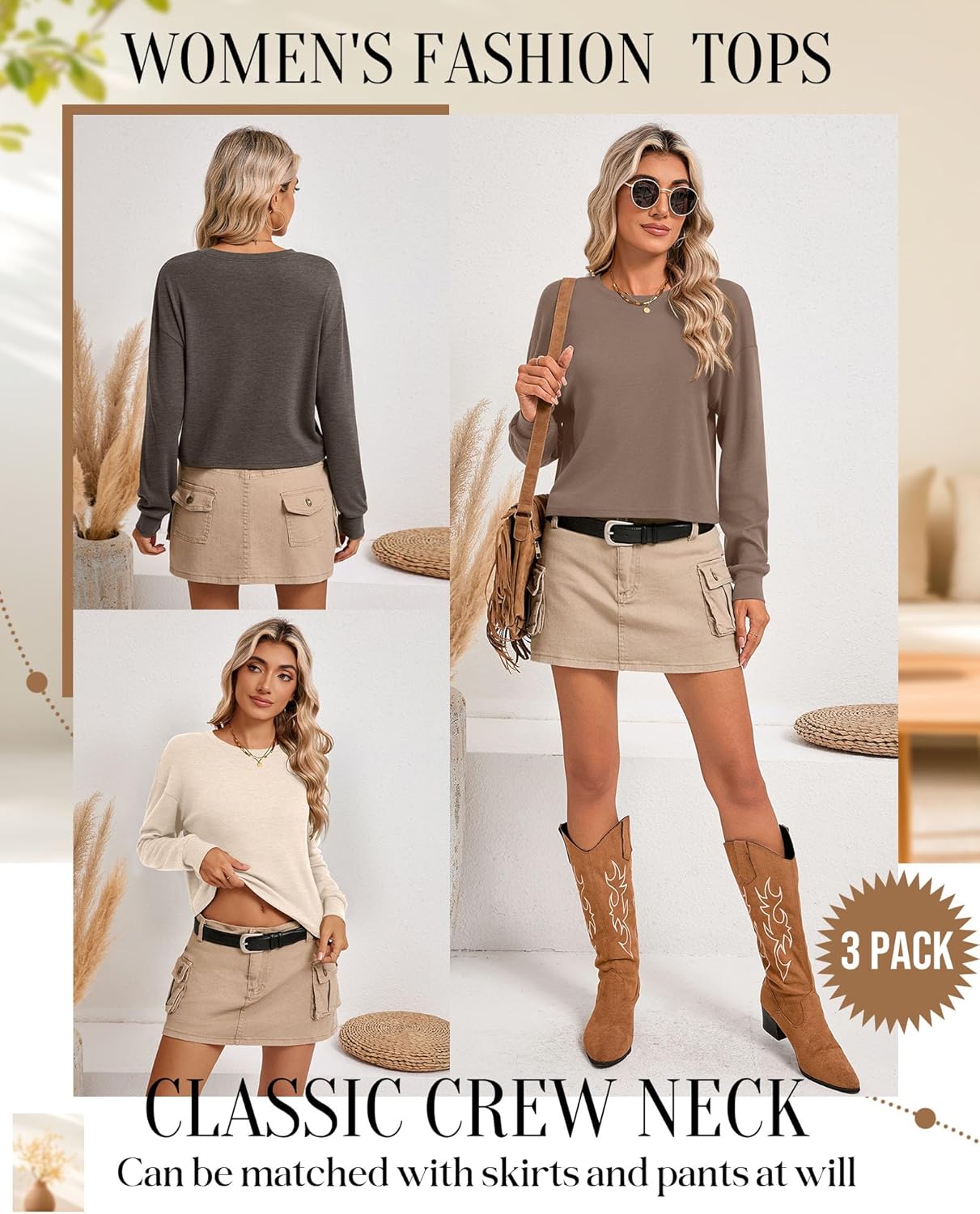 Ficerd 3 Pack Cotton Cropped Long Sleeve Tops for Women Loose Fit Crew Neck Drop Shoulder Crop T Shirts Basic Tee - Image 6