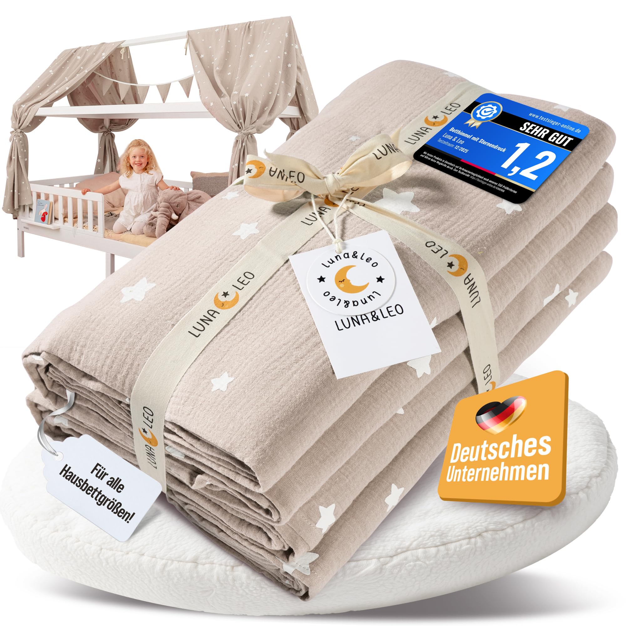 Luna & Leo Hausbett Himmel 3-TLG - mit Sternendruck *TESTSIEGER 2025* [Bio Musselin Baumwolle] Handmade | Himmelbett Vorhänge Betthimmel Deko (Beige, 2er Set 320 x 130cm + Wimpelkette)