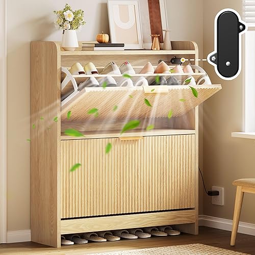 DWVO Narrow Fluted Shoe Cabinet with Air -Purifier, Shoe Storage Cabinet with 2 Flip Drawer, Adjustable or Removable Hidden Shoe Rack Free Standing Shoe Cabinet Organizer for Entryway,Hallway-Natural - Natural