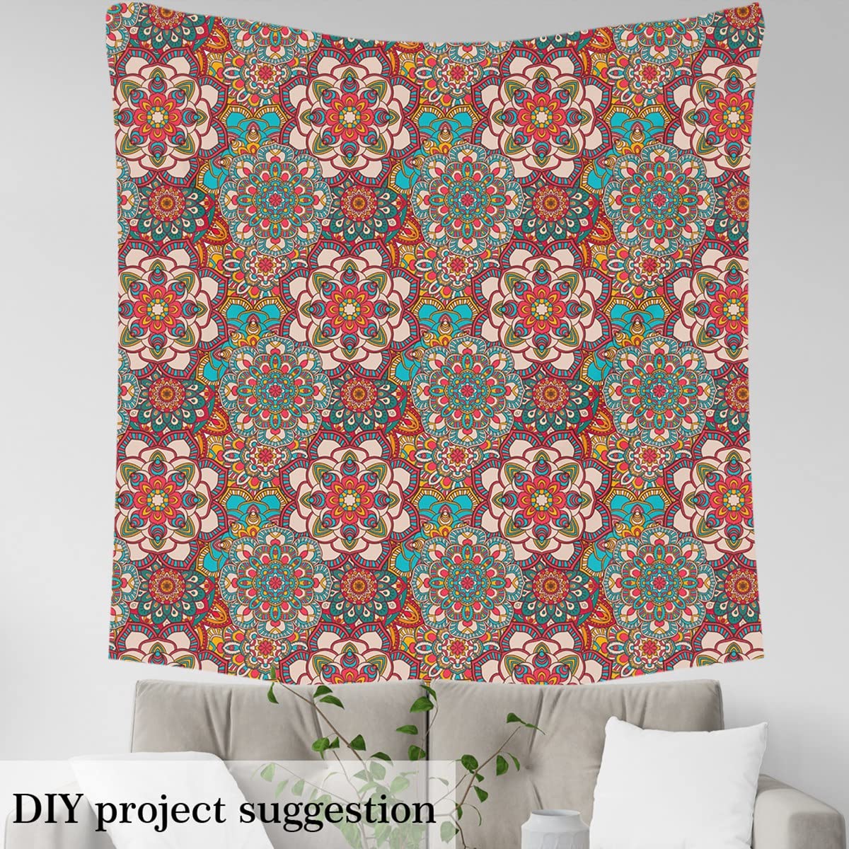 Tkanina boho mandala, tkanina w stylu boho, tkanina hipisowska, mandala, do projektów domowych, egzotyczna kwiatowa tkanina na zewnątrz, 10 metrów, dł. 920 x szer. 150 cm, czerwona