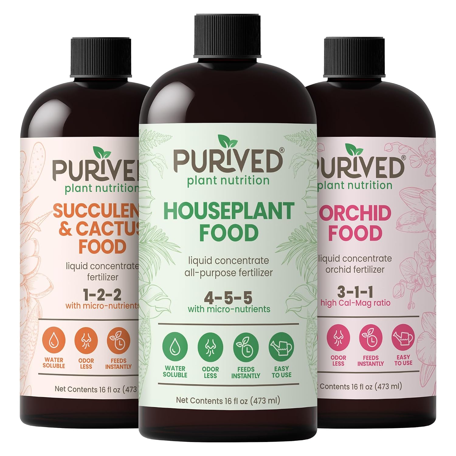 Purived Premium Fertilizer Bundle | 3-Pack: Houseplant, Succulent & Cactus, Orchid Food | Concentrated, Easy-to-Use, Made in USA