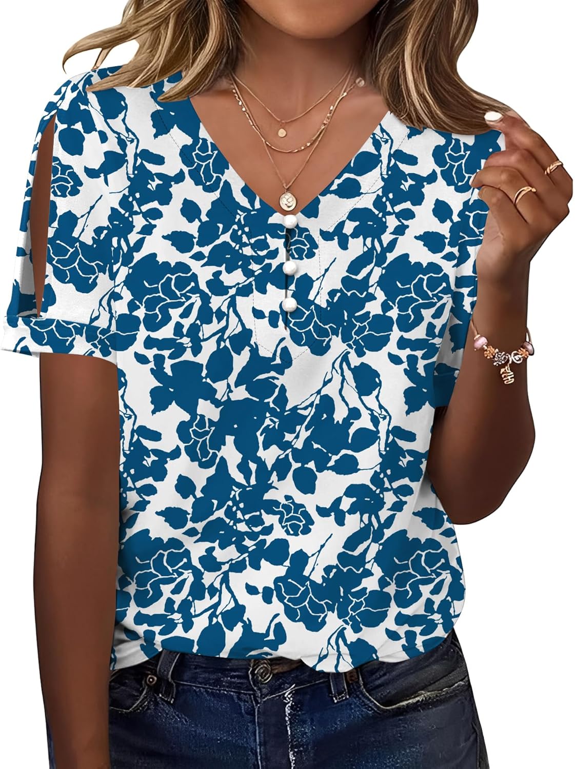 TCOT Women's Short Sleeve Tops Summer Cold Shoulder Button V Neck Shirts Dressy Casual Blouses