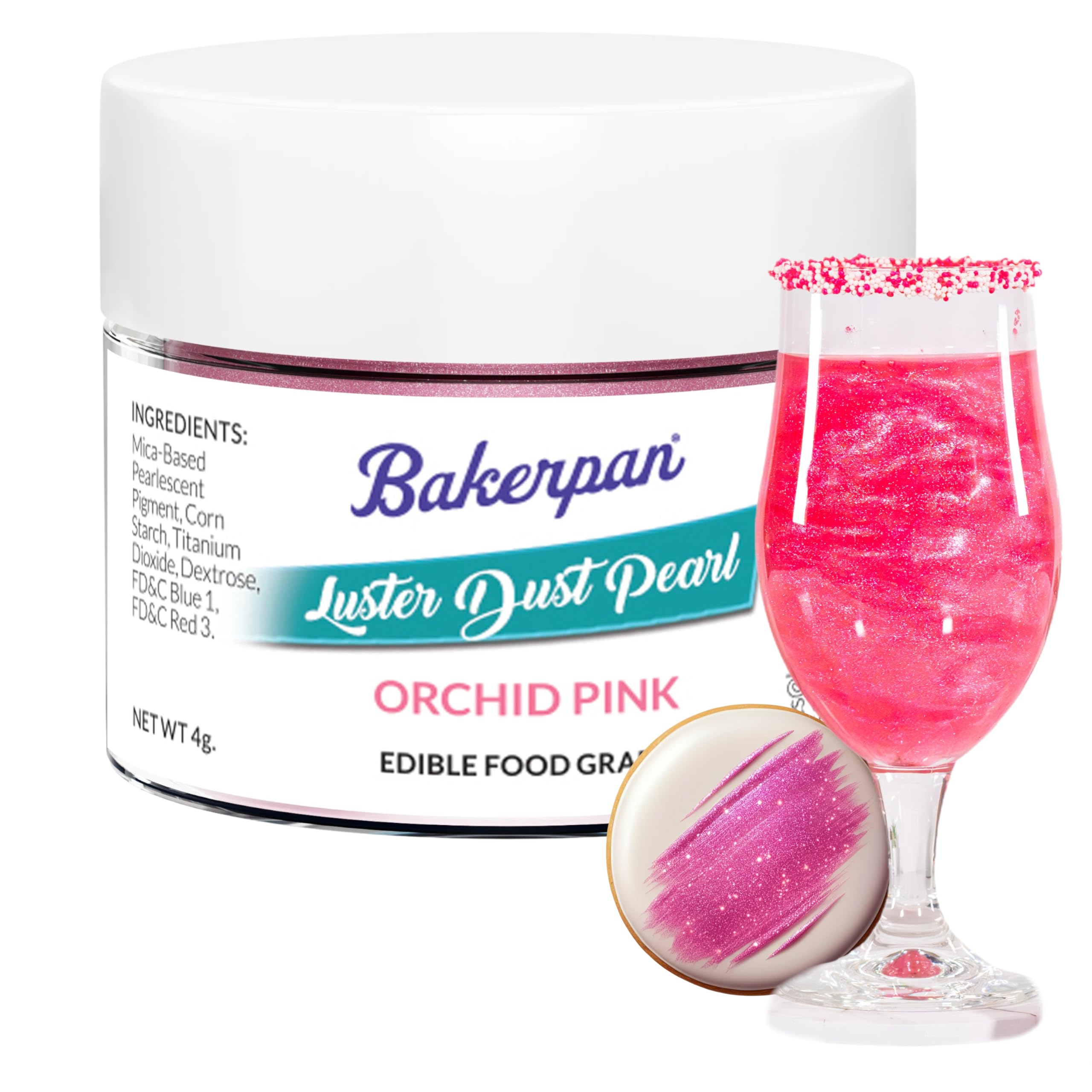 - Bakerpan Pearl Luster Dust Edible, Orchid Pink Edible Glitter for Cocktails, 4 Grams Edible Glitter for Cake Decorating, Cookies, Chocolates and Candies, Drinks (Made in USA)