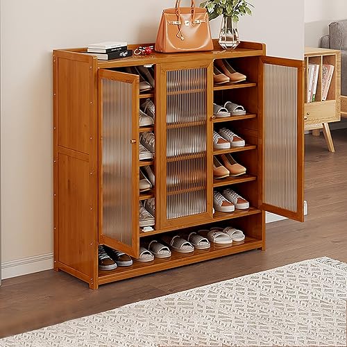 Miniatura 8 de 8 Tiers Bamboo Shoe Cabinet Shoe Storage Cabinet with Doors and Removable Tiers, Freestanding Shoe Rack Organizer for Hallway Living Room Balcony,