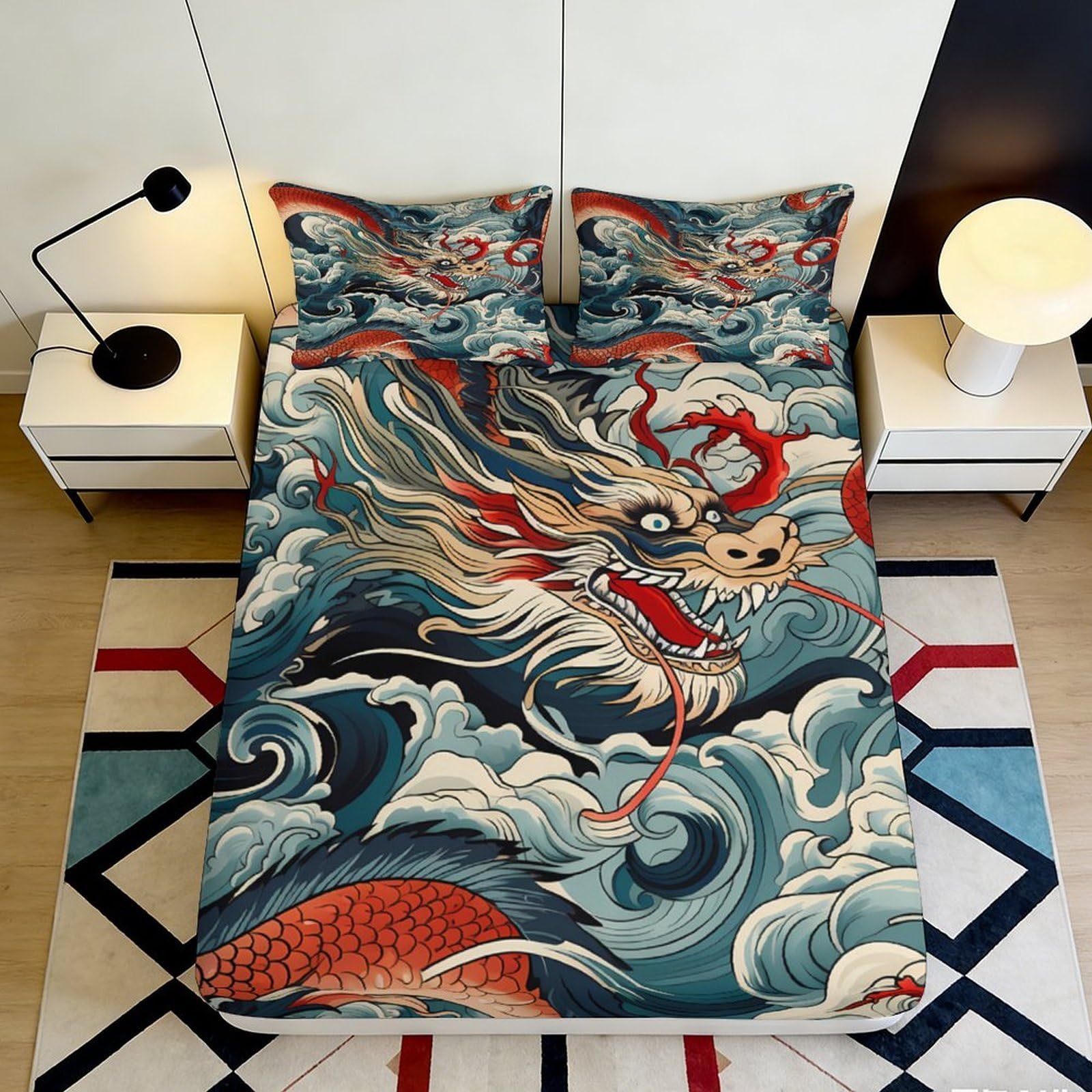 Jqzkxnhpbr Style-3 3D Printed Dragon Wave Fitted Sheet Microfiber Soft Breathable Japanese Style Bed Cover For Bedroom Dorm Decor 90X200x25cm