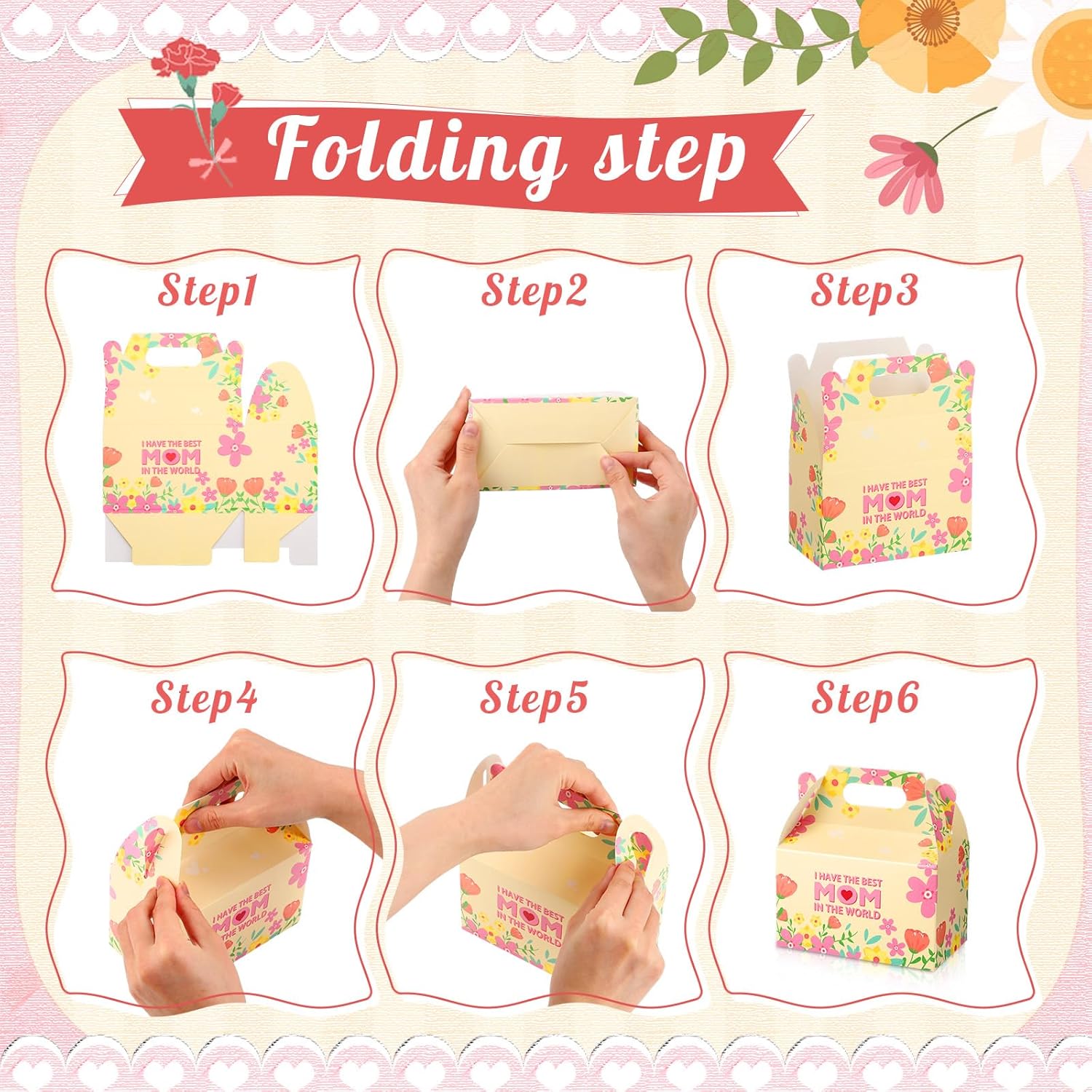 Sinload 48 Pcs Mother's Day Floral Favor Boxes Best Mom Party Favor Gift Boxes Pink Treat Boxes for Mother's Day Party Supplies Birthday Party Decorations Candy Candle, 6 Designs, 5.91 x 3.15 x 3.54''