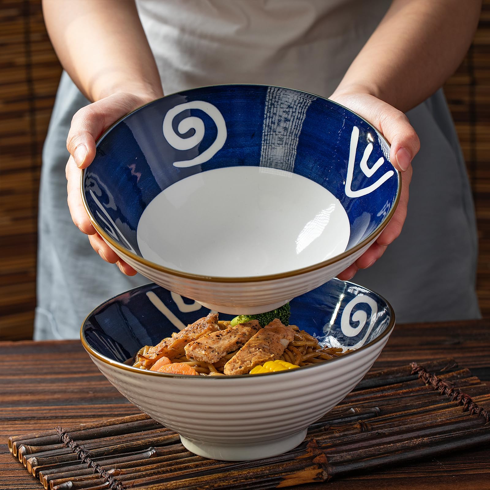 Zestaw 2 ceramicznych miseczek do makaronu, 1200ml, z pałeczkiem i łyżeczką (stylu 7)