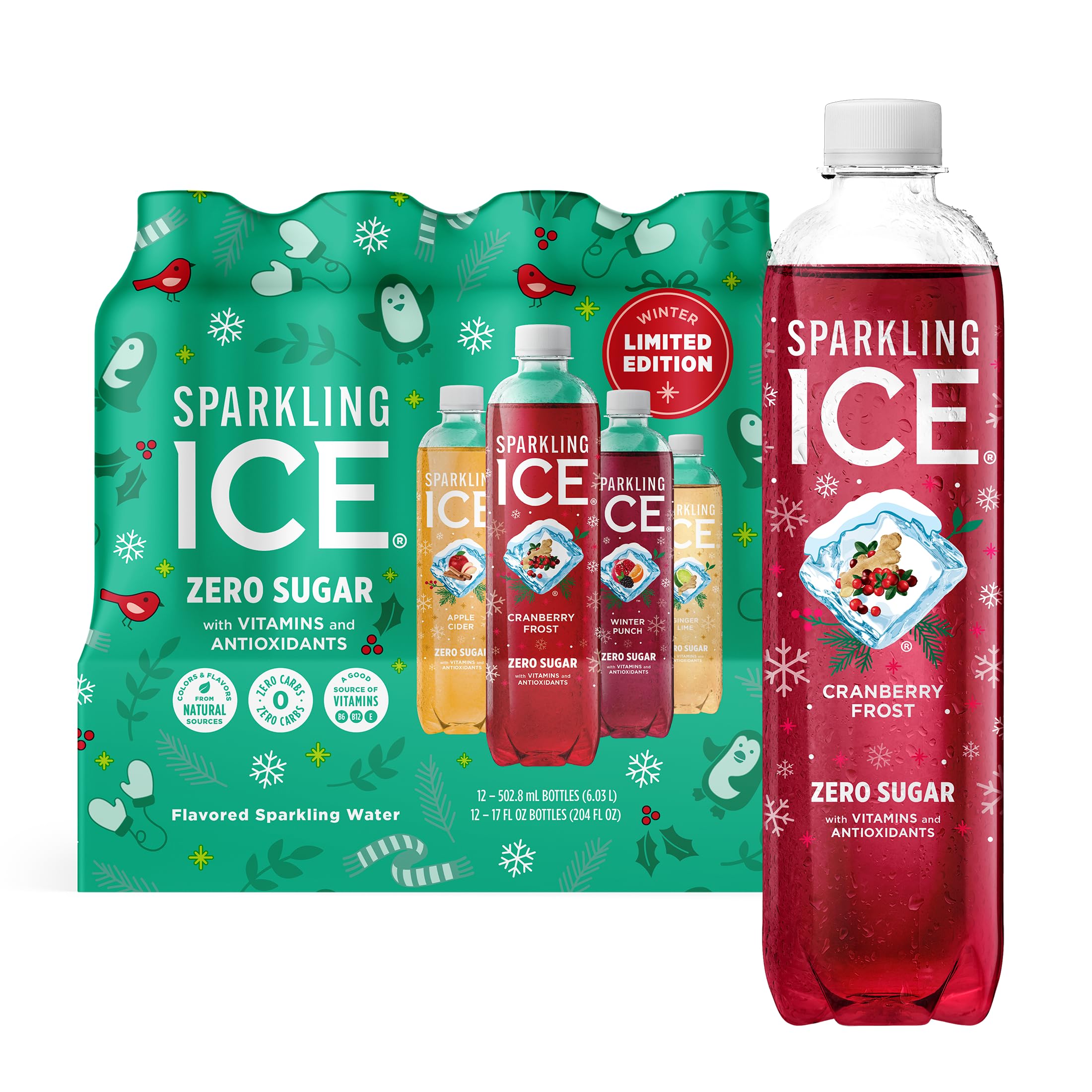 Sparkling Ice, Winter Variety Pack, Flavored Sparkling Water, Zero Sugar, with Vitamins and Antioxidants, 17 fl oz, 12 count (Cranberry Frost, Winter Punch, Apple Cider and Ginger Lime)